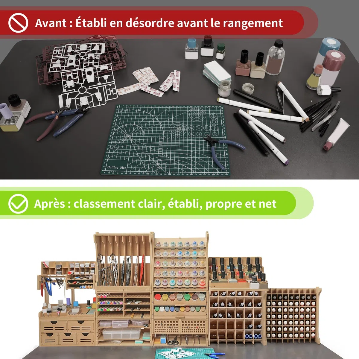 Rack d'organisation pour kit de modélisme en bois avec matériau MDF, support de peinture, support de tournevis/pinceau, pour peintures et outils Tamiya, GK1