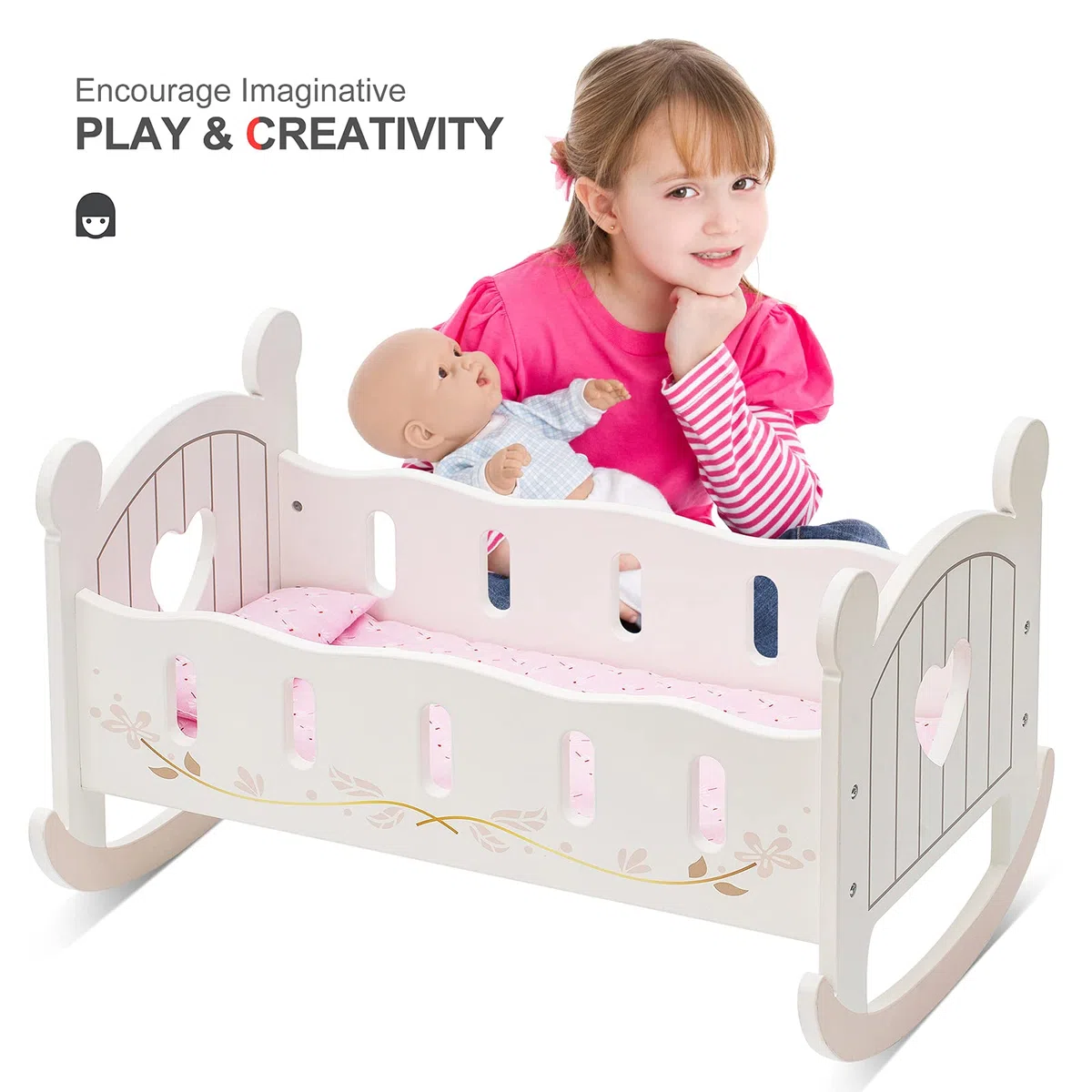 ROBUD Lit de Poupée en Bois – Jouet Berceau avec Accessoires – pour Poupées Jusqu’à 46 cm
