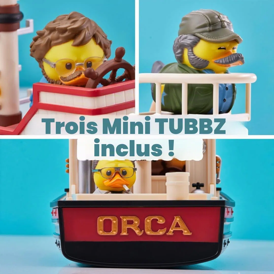 TUBBZ Jaws Floating Orca Boat Model Collectible Bundle Bath Playset – Comprend Bruce le requin et Mini Quint, Hooper et Brody Duck Figurines