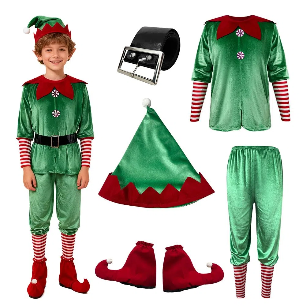 Generisch Costume de Père Noël pour enfants : chemisier, pantalon, bonnet, couvre-bottes – Parfait pour les garçons adolescents, pour le cosplay, les spectacles de réunions de famille.