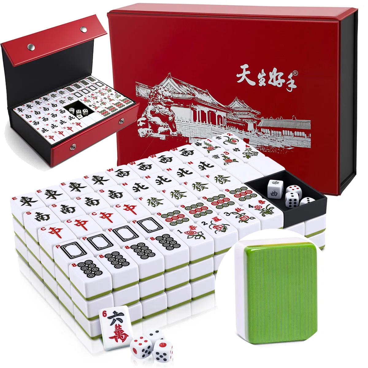 Lot de Pierres Mahjong de 30 mm avec 146 tuiles et 2 dés, Vert majong Chinois Classique, avec Emballage Cadeau Exquis