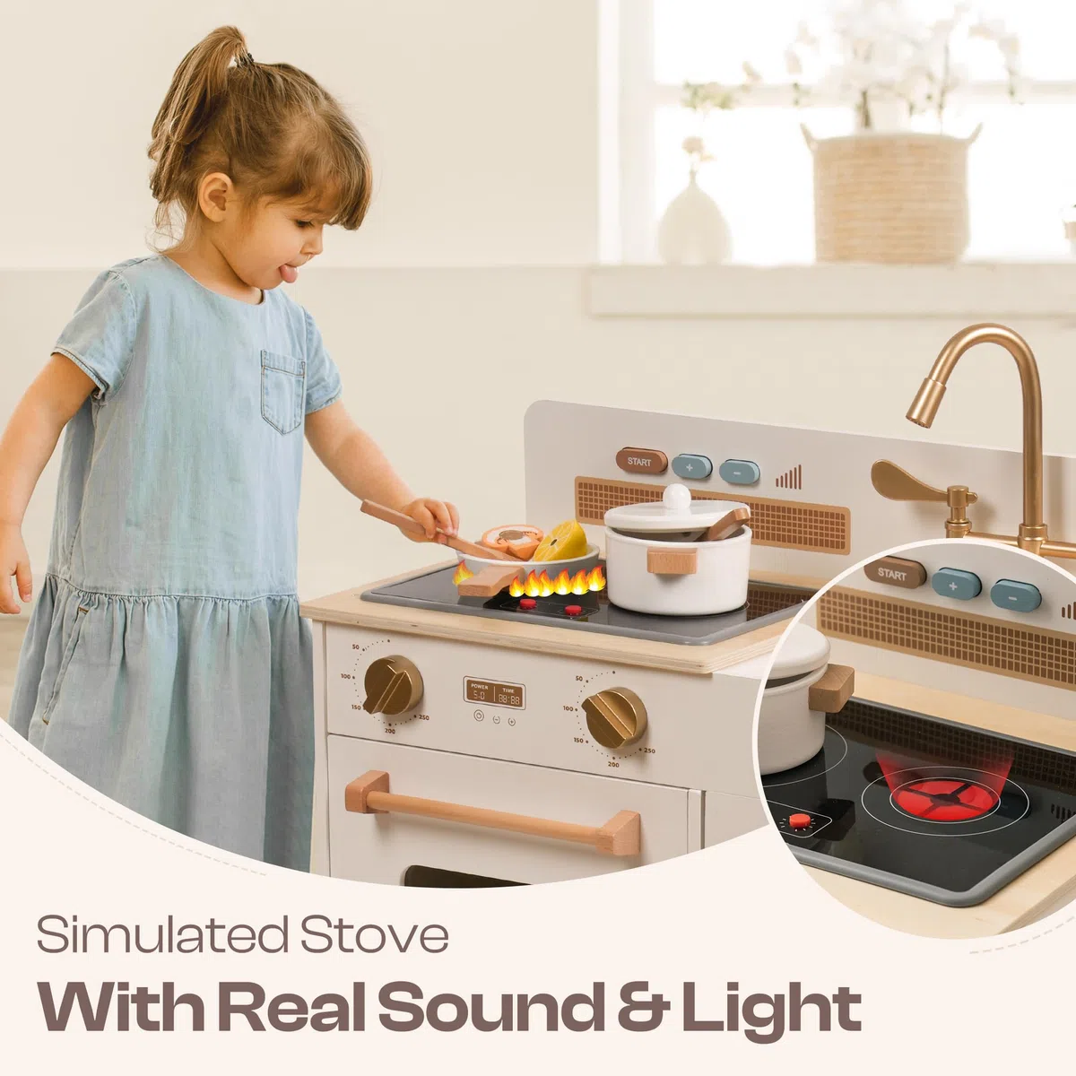ROBUD Cuisine en Bois pour Enfants, Style Moderne, Blanc et Or, avec Four, Évier et Réfrigérateur, Accessoires de Cuisine Inclus