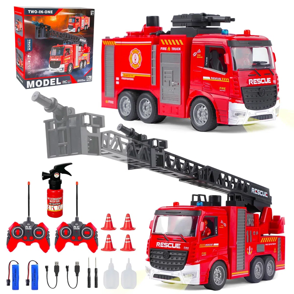 2 Camion Pompier Enfant, Voiture Pompiers Telecommandé avec Pulvérisation d'eau Lumière, Échelle Pivotante, Son Fonction et Pompiers, 2,4GHz Camion Pompier Enfant de 6-12 Ans