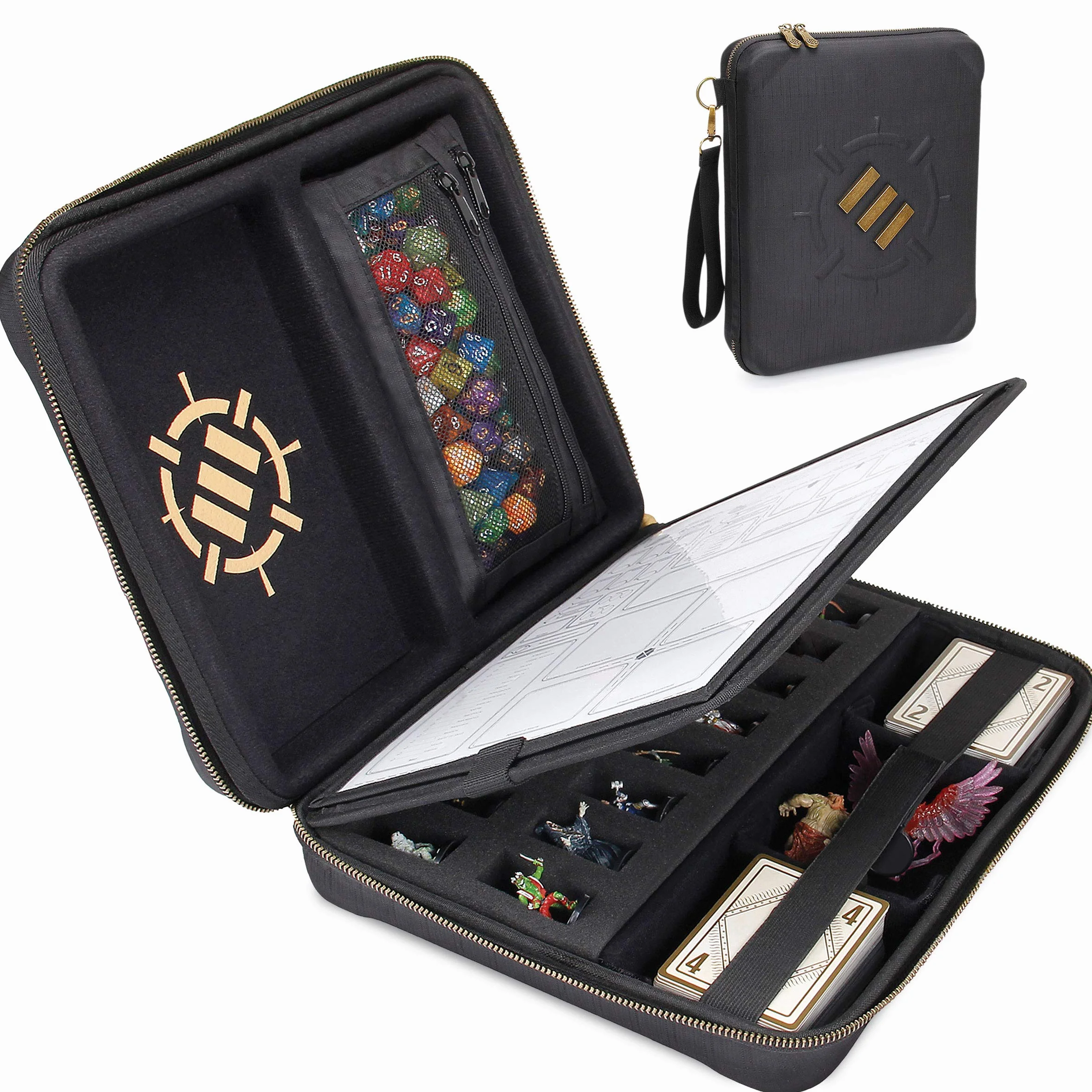 ENHANCE Étui pour Organisateur RPG - Organisateur DND avec Support De Feuille De Personnage Et Panneau Effaçable, Zone De Roulement De Dés, Stockage de Mini-Figurines