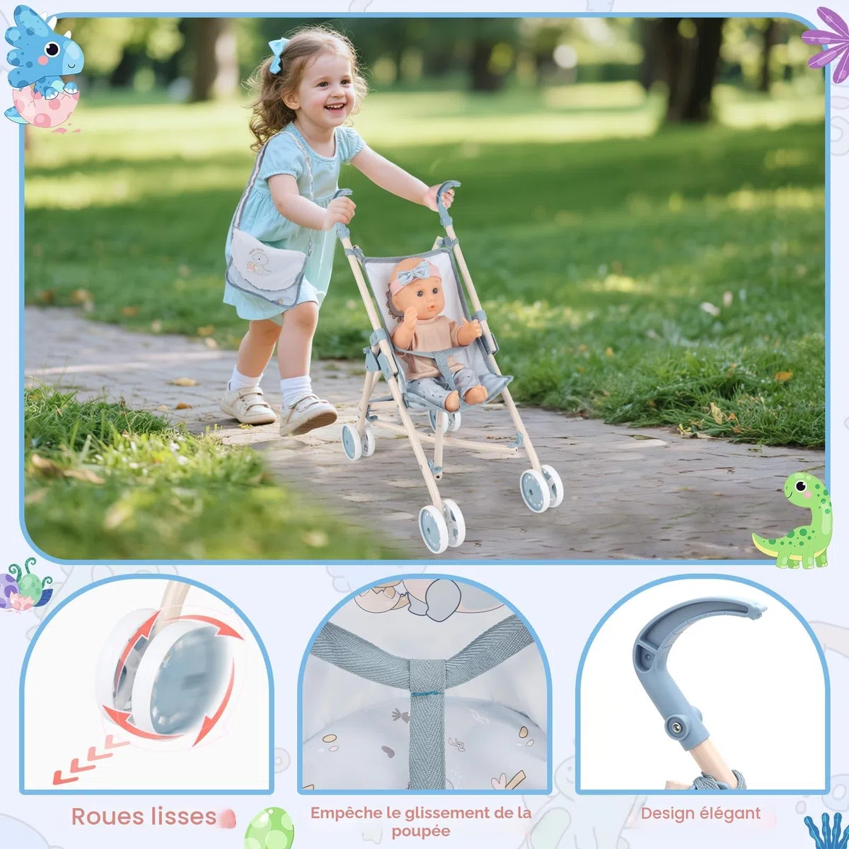 deAO Ensemble Poupée Bébé 30 cm avec Accessoires, Set de Jeu de Rôle 3 Ans+ | Poussette Pliable, Berceau, Lit Pépinière, Chaise Haute, Tapis de Jeu, Sac de Voyage, Plastique Sûr, Assemblage Facile