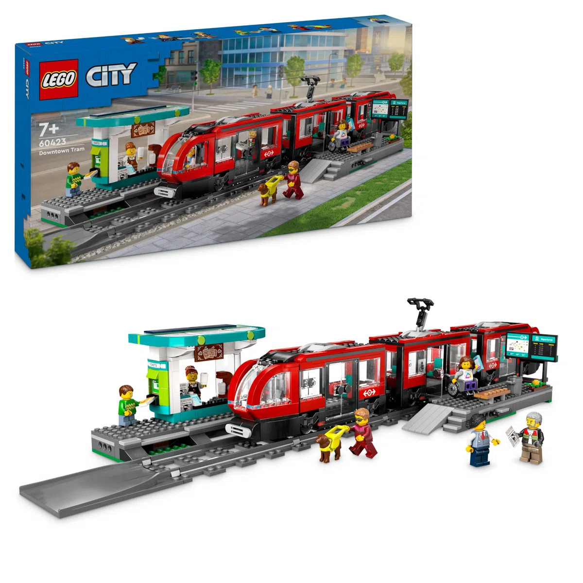 LEGO City Le Tramway et la Station du Centre-ville - Véhicules pour Enfants Garçons et Filles dès 7 Ans, Idée Cadeau d'Anniversaire pour les Fans de Transport - 6 Minifigurines et un Chien-guide 60423