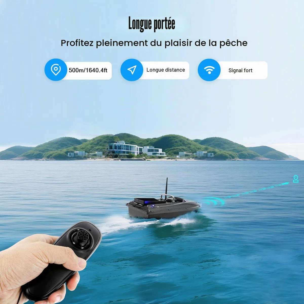 Bateau d'alimentation avec lumière LED, 500 m, bateau d'appât de pêche, contrôle de la croisière, poids de charge de 1,5 kg, bateau à nourriture avec bateau d'appât pour les amateurs de pêche