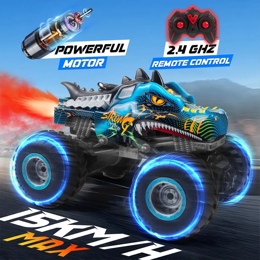 Voiture Telecommandé 1:16 RC Dinosaures Monster Truck 2.4GHz 20 Km/h Voiture Radiocommandée Tout Terrain Brume de Pulvérisation Musique Lumières LED Cadeau Les Enfants de 4 5 6 8 Ans Rouge