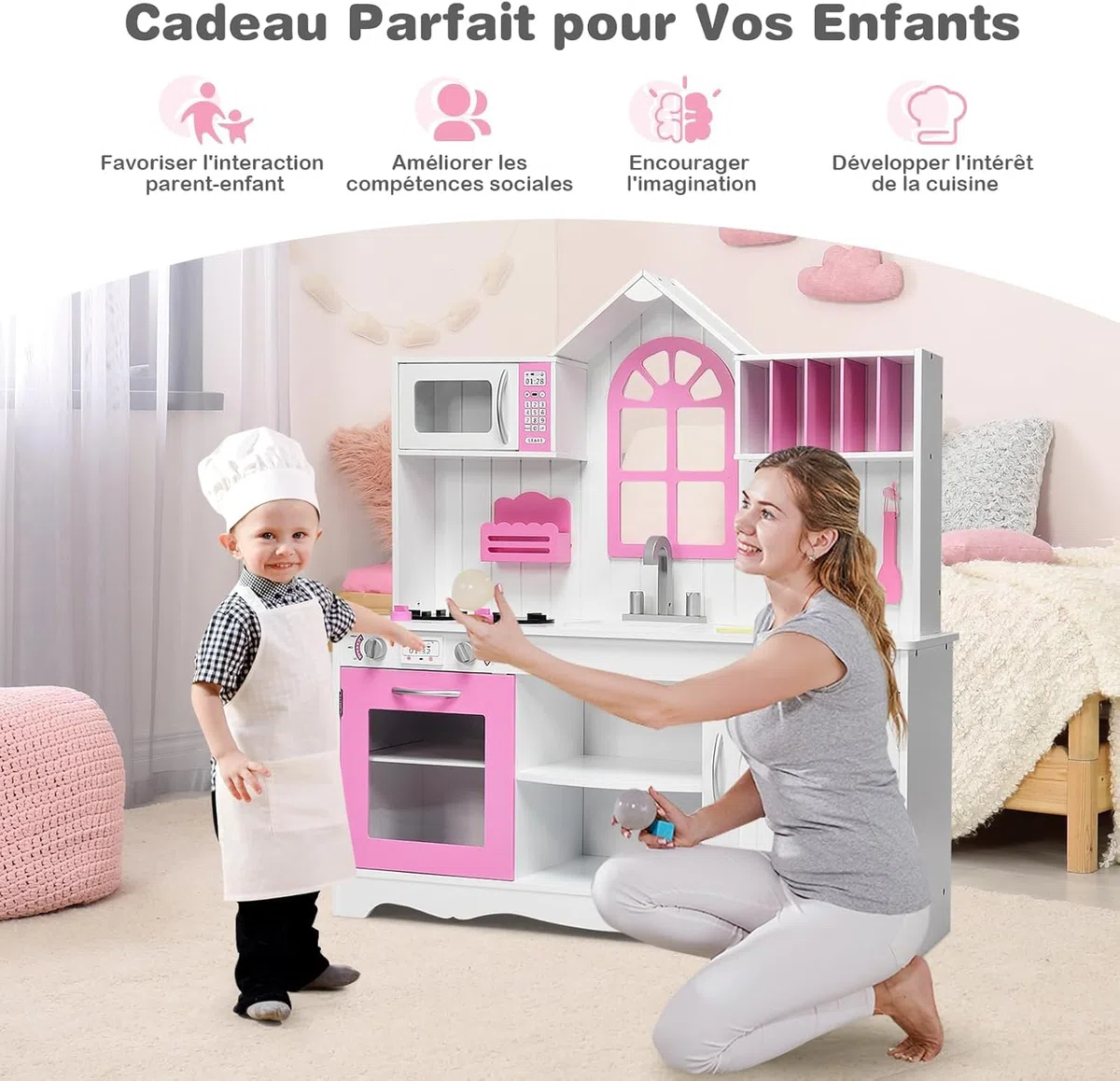 GOPLUS Cuisine en Bois Enfant, Jouet de Cuisine avec Four, Micro-Ondes et Cuisinière à Gaz, Ensemble de Jeu de Cuisine avec Accessoires Riches, Cadeau pour 3+ Ans, 106,5x32x109CM, Blanc et Rose