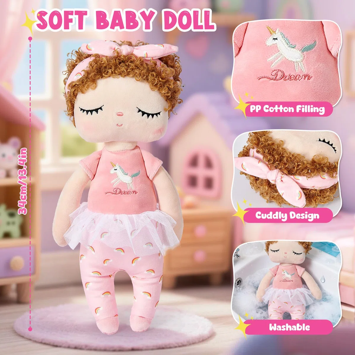 G.C Poussette Bebe Jouet Fille 3 4 5 6 Ans, Poupée Chiffon avec 55 cm Poussette Poupee Réglable Pliable Pare-Soleil Sac de Rangement, Poussette Poupon Jeu de Role Jouet Cadeau Noël Enfant Fille