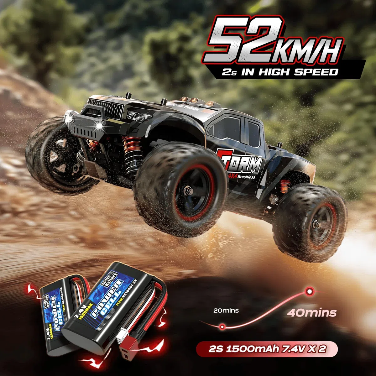 Voiture télécommandée 1:18 Brushless 4x4 pour Adulte & garçon, Voiture RC Tout Terrain à Transmission métal, 52 km/h, avec 2 Batteries 1500mAh et kit de pièces de Rechange