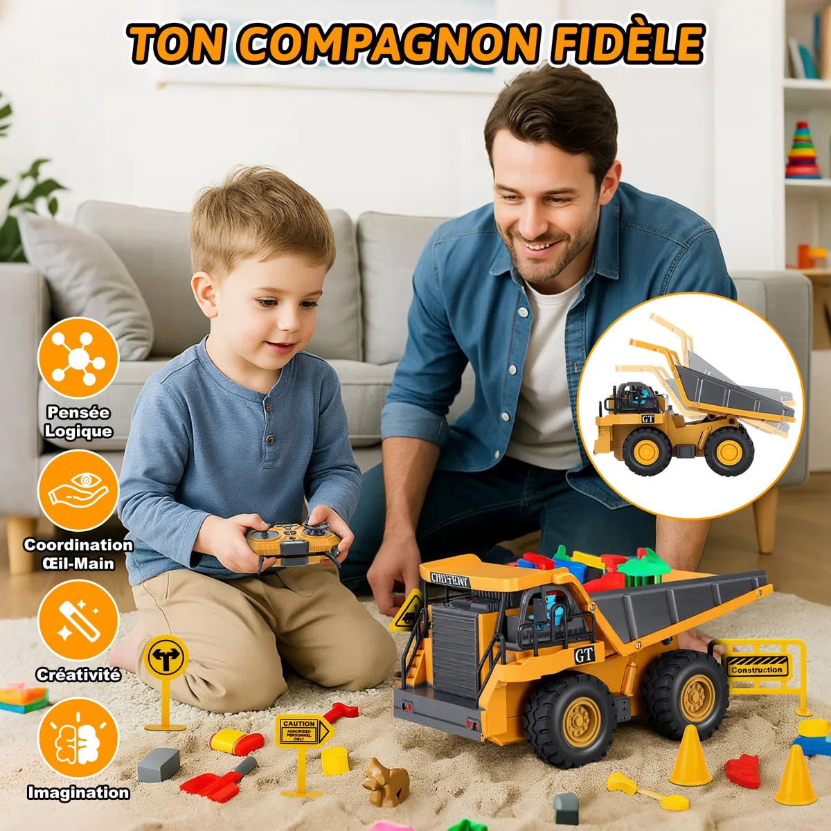 Camion Benne Télécommandé, Véhicule de Construction RC pour Enfants avec Lumière et Musique, 9 Canaux Camion Benne Jouet, Chantier Télécommandée Cadeau pour Garçon de 3 4 5 6 7 8 Ans