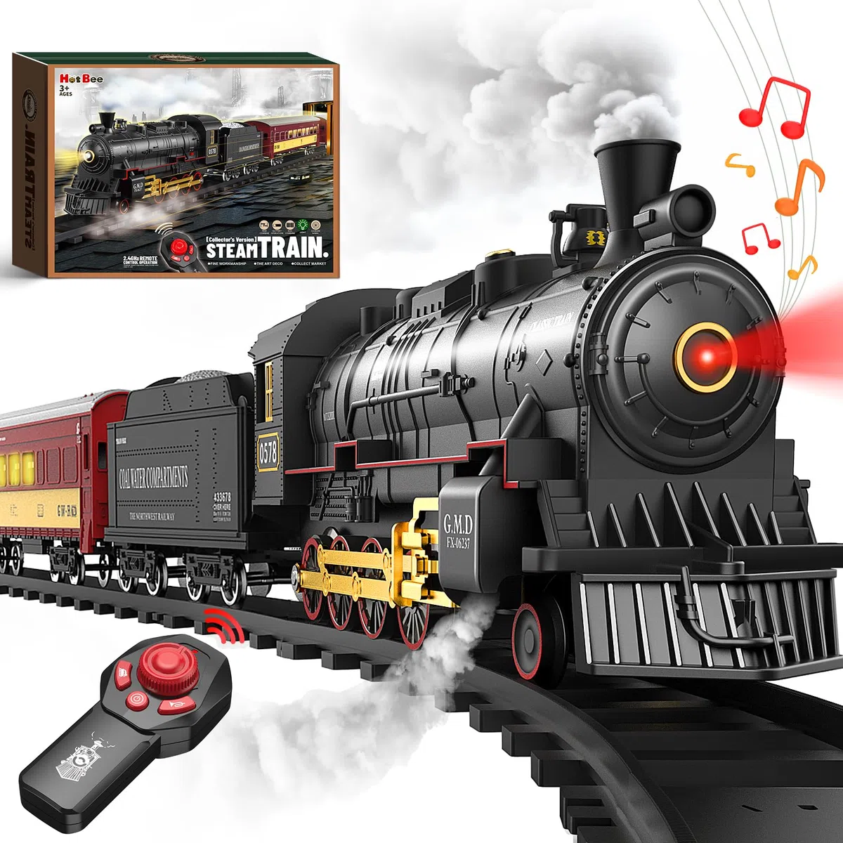 Hot Bee Train Électrique À Vapeur, télécommande Train Electrique Enfant, Locomotive à Vapeur avec la Fumée Lumineuse et Le Son, Cadeaux de Noël Anniversaire pour Enfants Adulte