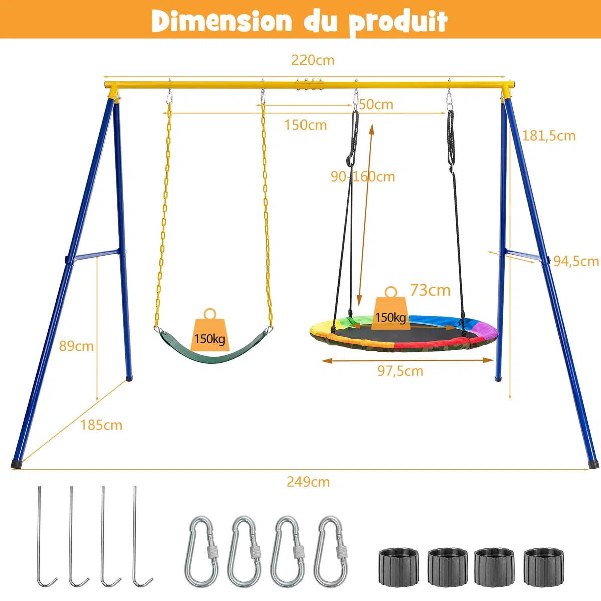 COSTWAY Portique Balançoire Extérieur en Métal avec 2 Balançoires, Balançoire Enfant Extérieur avec Cadre en Forme A & Cordes Réglables, Charge Max 300kg pour Adulte et Enfant de 3 Ans+