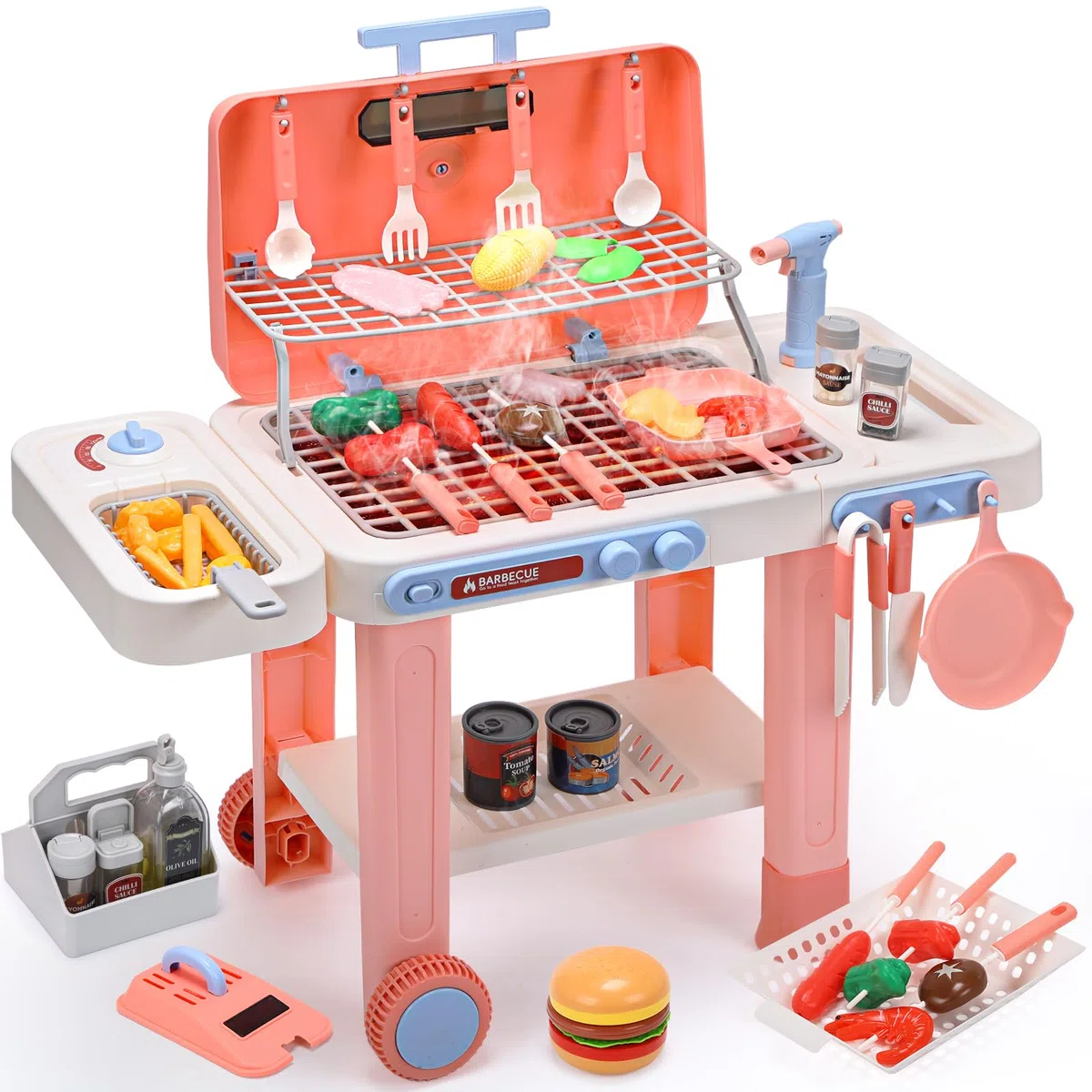 cute stone Barbecue pour Enfants avec Aliments changeant Couleur, Vaporisateur Brume fraîche, Sons et lumières Jeu de Cuisine d'extérieur avec poêle à Frire, sur roulettes pour Un déplacement Facile