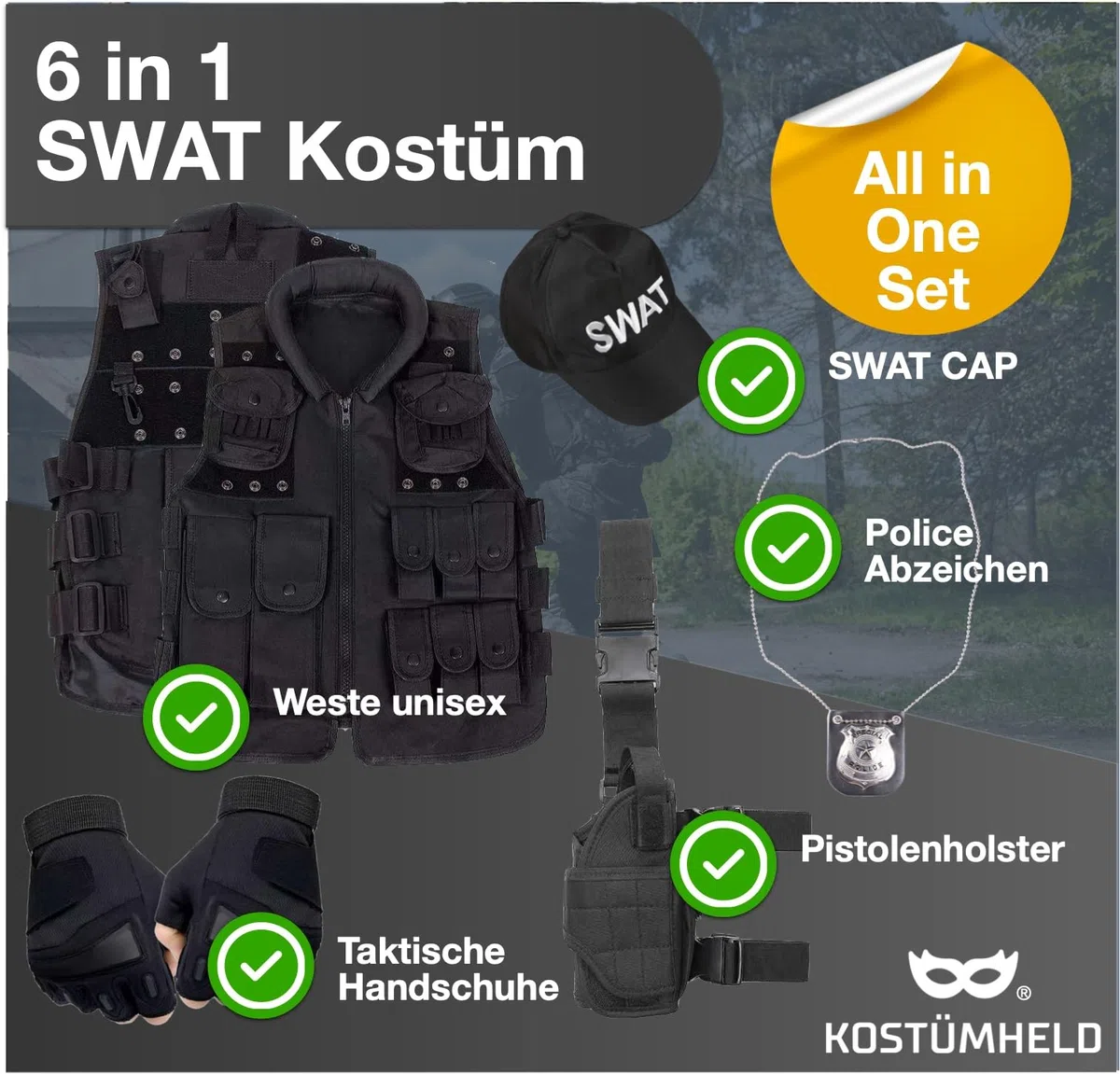 TK Gruppe Timo Klingler Costume 6 en 1 SWAT UNISEXE pour Hommes & Femmes - Ensemble pour Carnaval, Mardi Gras & Halloween