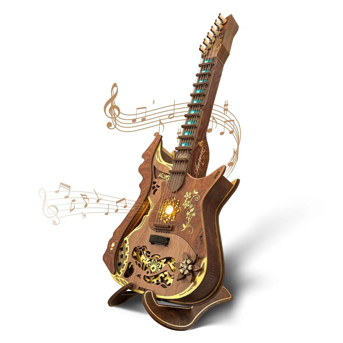 FUNPOLA Puzzle 3D en Bois Guitare à accords LED Kit – Modèle de Guitare Acoustique jouable avec lumières LED, Puzzle mécanique Musical DIY pour Adultes et Adolescents