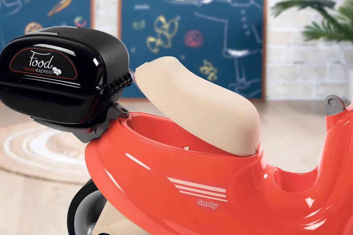 Smoby - Porteur Scooter Food Express - Rouge - Roues Silencieuses - Porte-Bagage - Mallette Amovible - Coffre à Jouets, Phare, Clé Mécanique - Dès 18 Mois