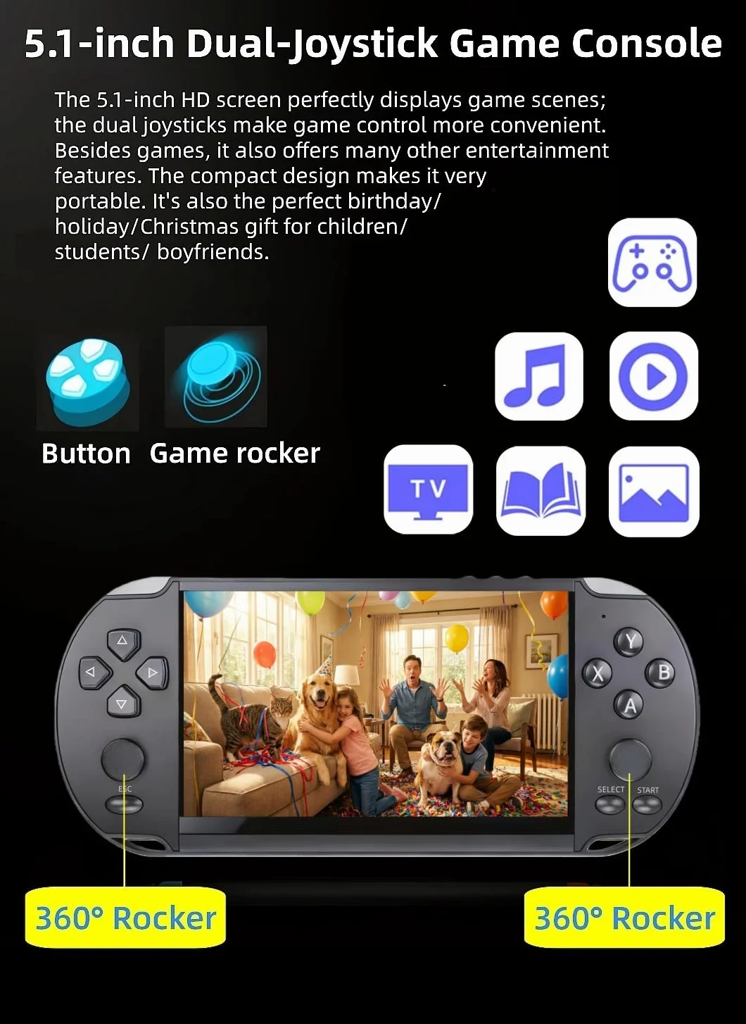 5,1 Pouces Console de Jeu Portable Plusieurs Simulateurs Rétro Vidéo/Musique/E-Book/Téléviseur Indoor/Outdoor/Travel Larisure de Jeu électronique Anniversaire/Cadeau de Vacances
