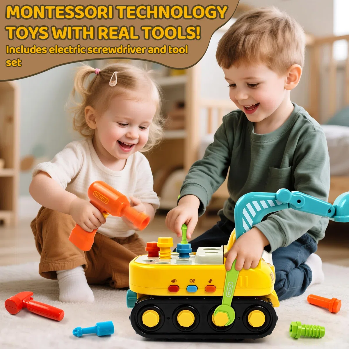 Marstone Jouet Enfant 2 Ans Garcon, Jouet Pelleteuse Électrique Montessori pour Enfants, avec Lumières et Musique, Jouet Éducatif à Visser 1 2 3Ans, Véhicule Chantier Interactif Garçons Filles