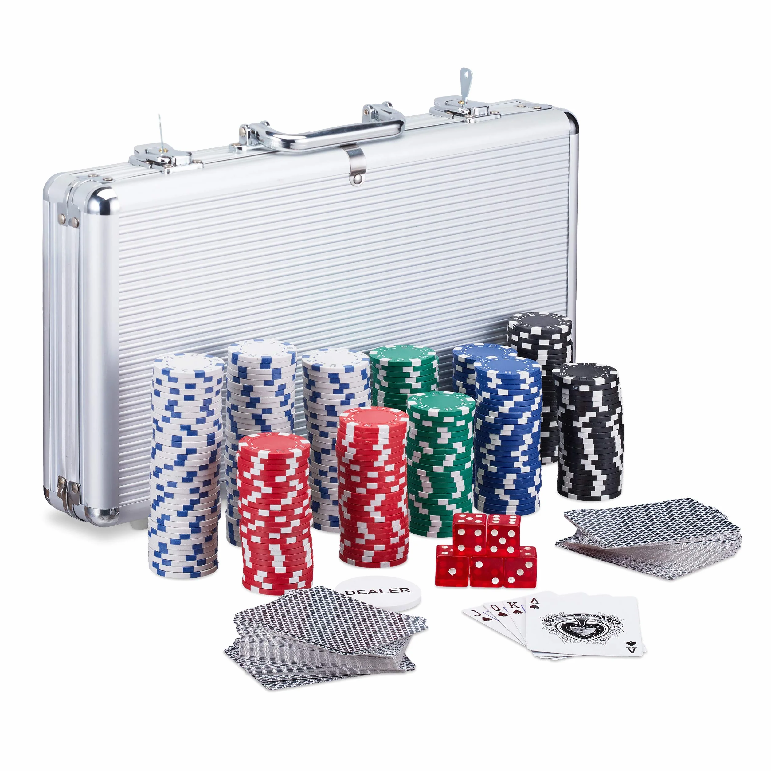 Relaxdays Coffret de poker, 300 jetons laser, 2 paquets de cartes, 5 dés, bouton de dealer, coffre en aluminium, argenté