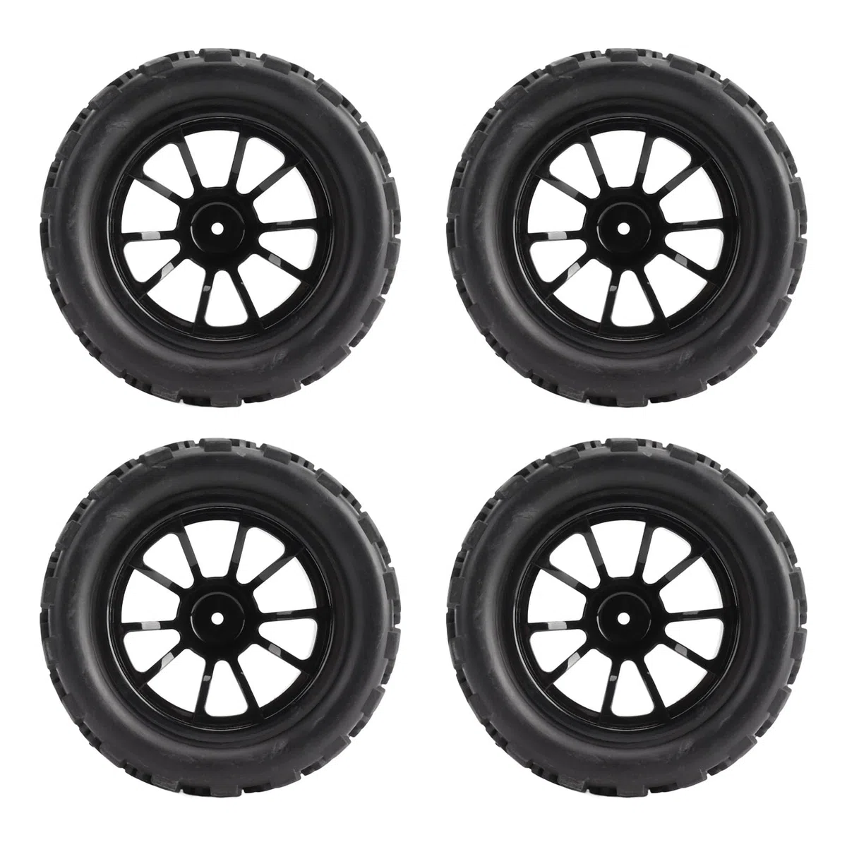 Socobeta Roues et Pneus RC 1/10, 4 Pièces RC Pneus de Voiture en Caoutchouc Noir RC Pneus et Roues Ensemble de Jantes Compatibles avec TRAXXAS Slash RC Short Course Truck 1/10