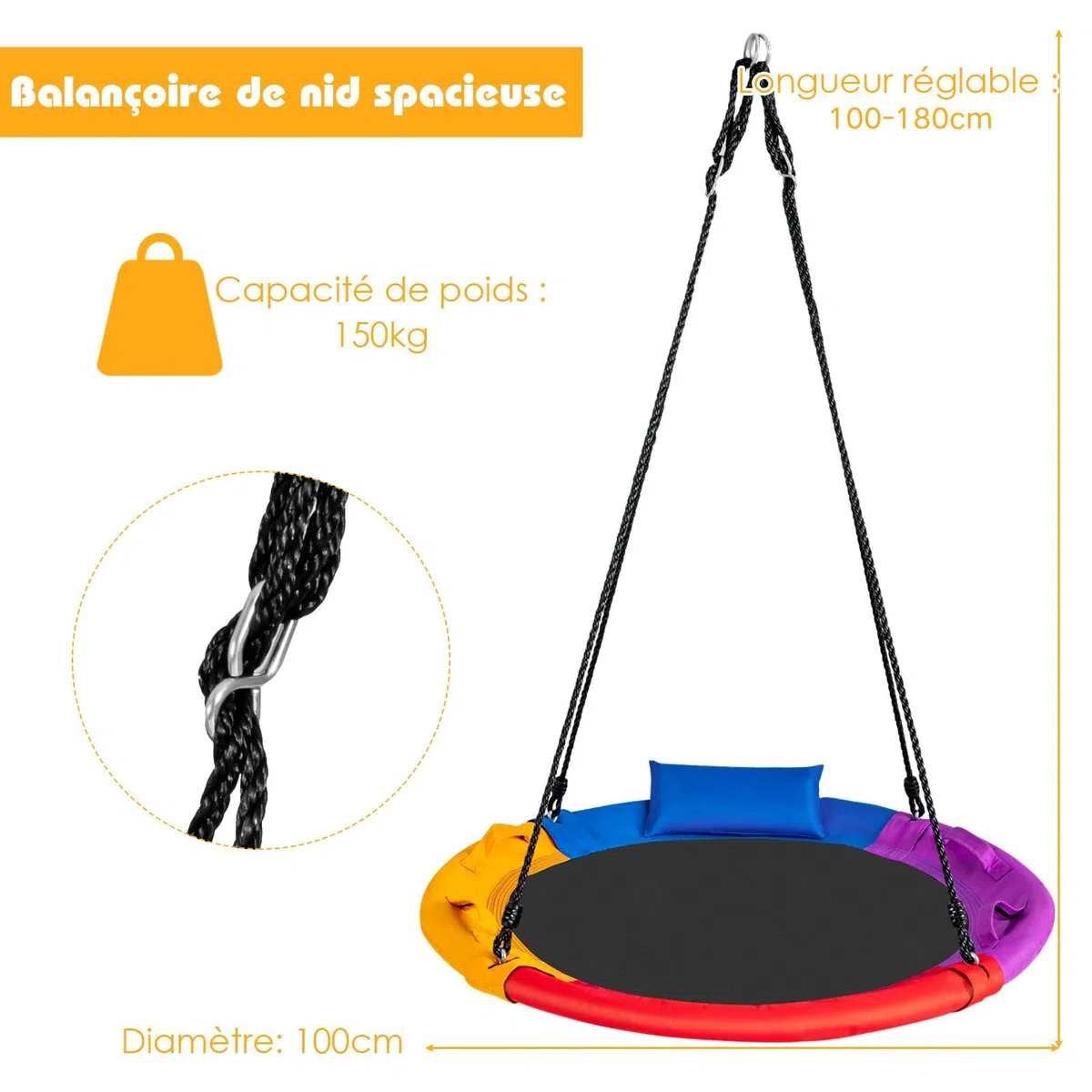 COSTWAY Balançoire Nid d'Oiseau Ø100 CM, Charge Max 150 KG, Balançoire Ronde pour Enfants et Adultes, Hauteur Réglable 100-180 CM, pour Jardin, Aire de Jeux (Coloré)