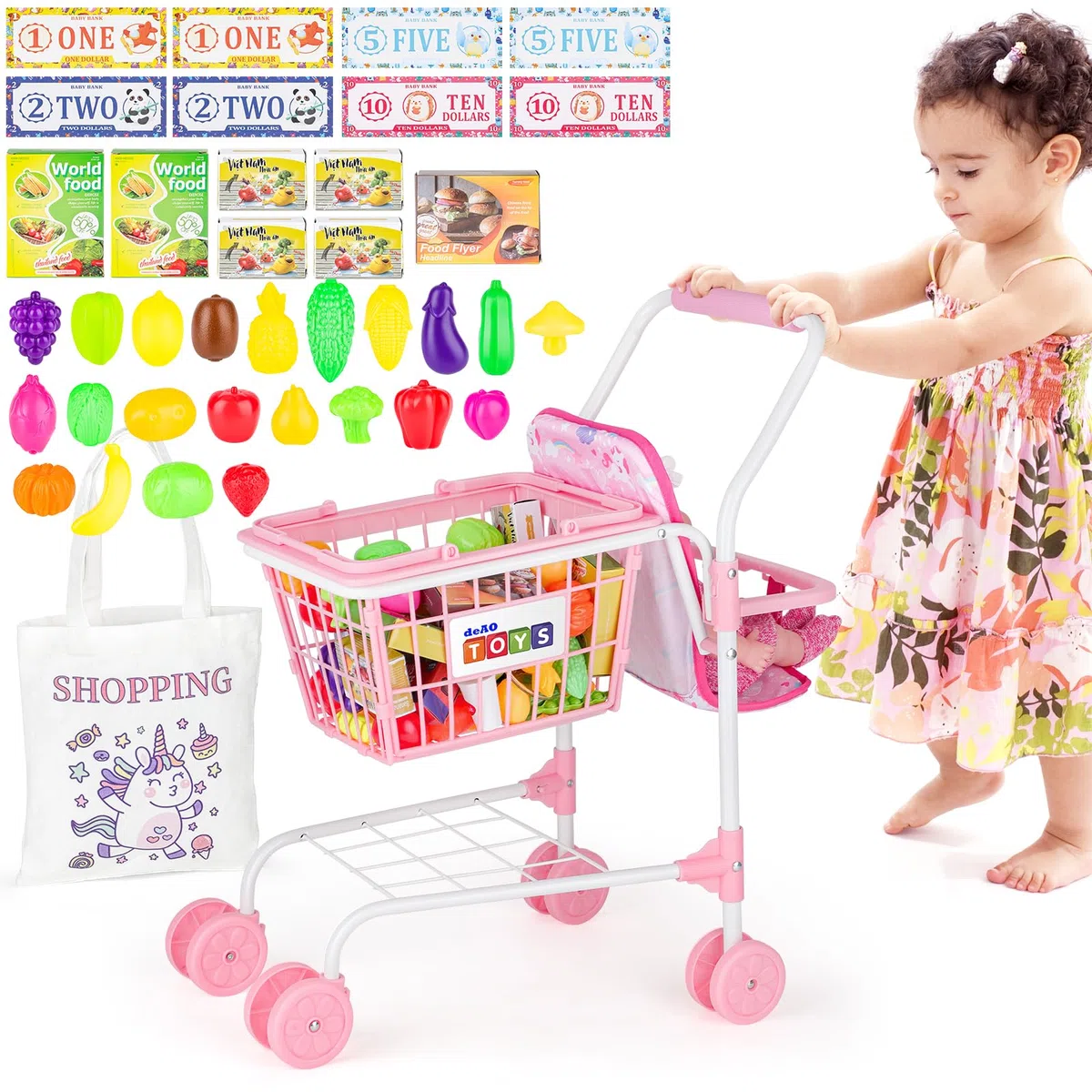 deAO Chariot de Courses pour Enfants 3 Ans+, Caddie Jouet avec Siège pour Poupée, 31 Aliments Jouets Billets Argent, Sac à Provisions, Jeu de Rôle Magasin, Cadeau Enfant Rose