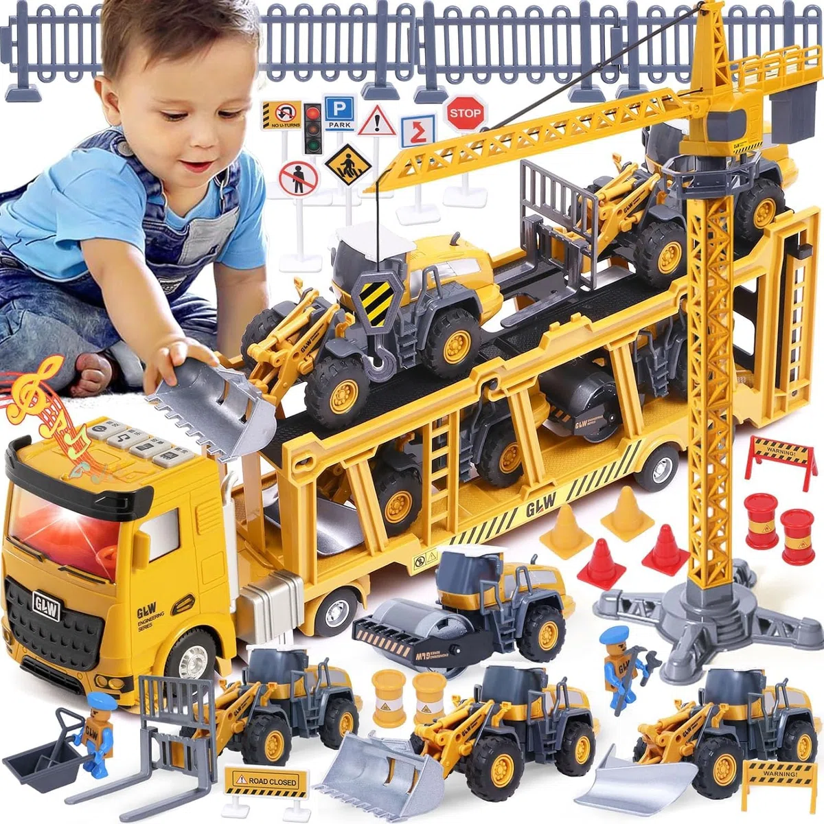 Véhicule Chantier Jouet Enfant avec Camion de Construction, Grue à Tour, Bulldozer, Rouleau compresseur, Chariot élévateur, Véhicules de Construction Grand Camion Cadeau Enfant Garçon 3 4 5 6 7 ans