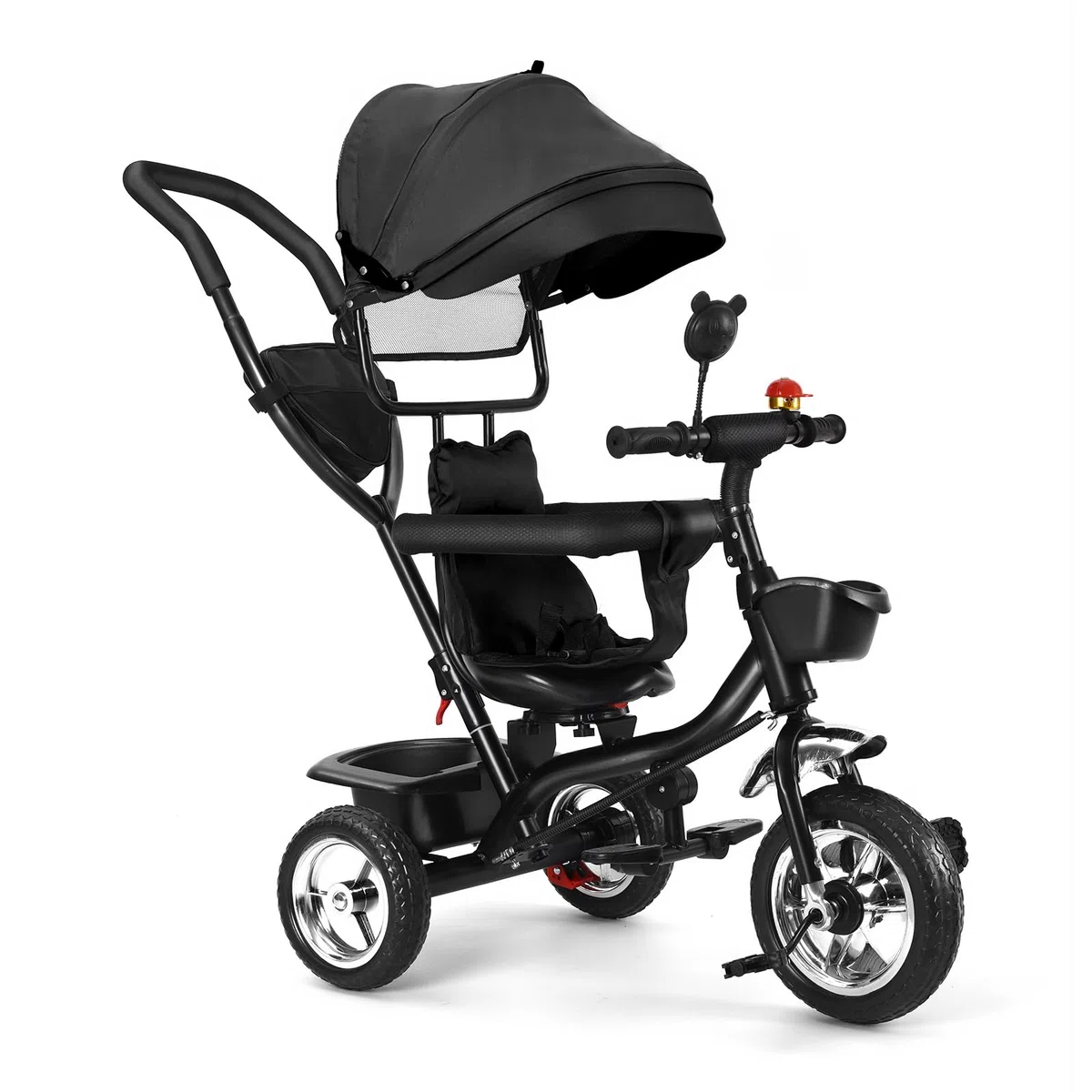 HUOLE Tricycle Enfant Évolutif 4 en 1, Tricycle Bébé Évolutif avec Siège Réversible, Poignée de Poussée Réglable, Canne, Cloche, Rétroviseurs, Harnais de Sécurité pour Enfants 9 Mois à 5 Ans (Noir)