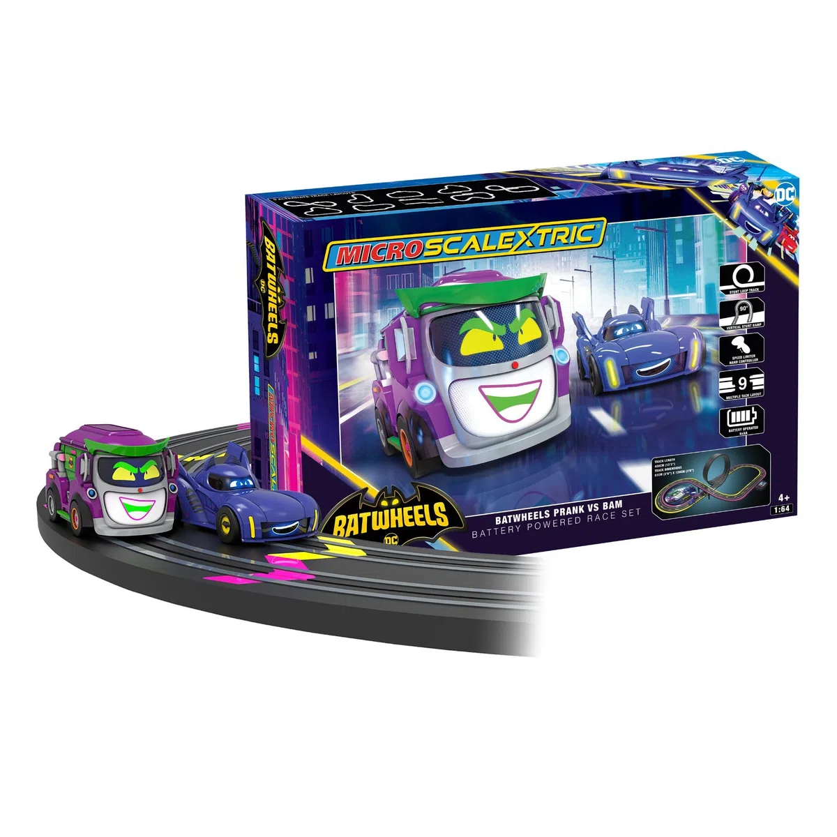 Scalextric Ensemble de piste de course micro-voiture Ensemble de construction Batwheels et Farces contre Bam Course alimentée par piles