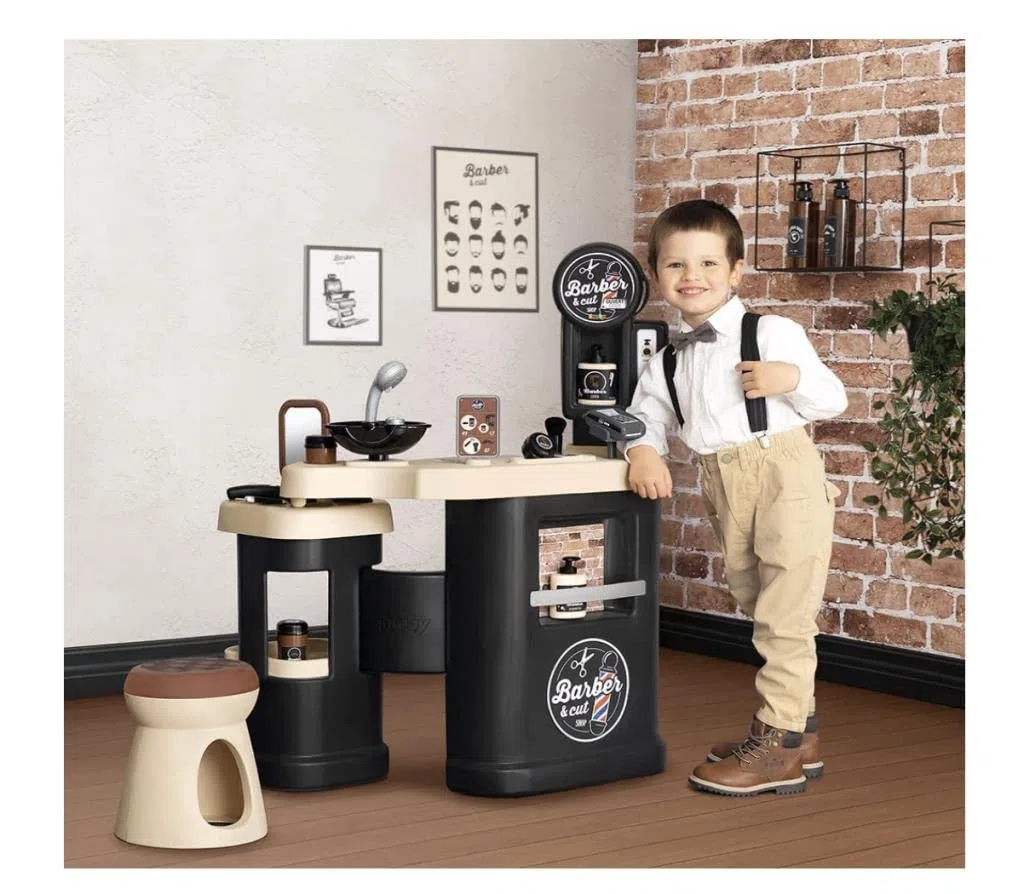 Smoby - Barber & Cut - Barber Shop - Jouet d'Imitation Barbier - Coiffure + Shampoing + Comptoir Marchand - 19 Accessoires + Tabouret - A Partir de 3 Ans - Fabriqué en France