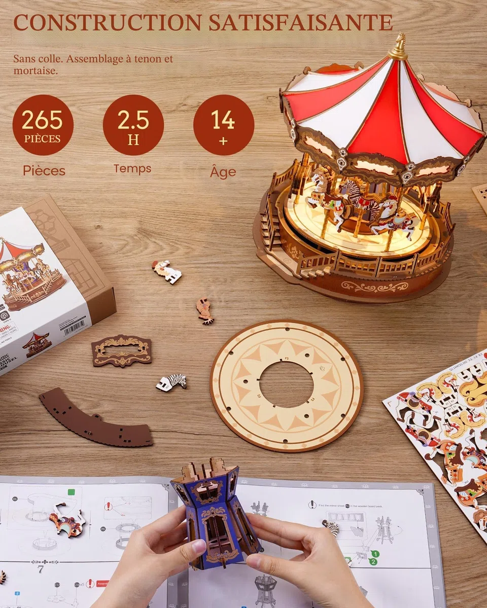 ROBOTIME Boîte à Musique carrousel Classique Puzzle en Bois 3D avec lumières LED, Maquette en Bois a Construire Kits de modélisme pour Adultes à Construire