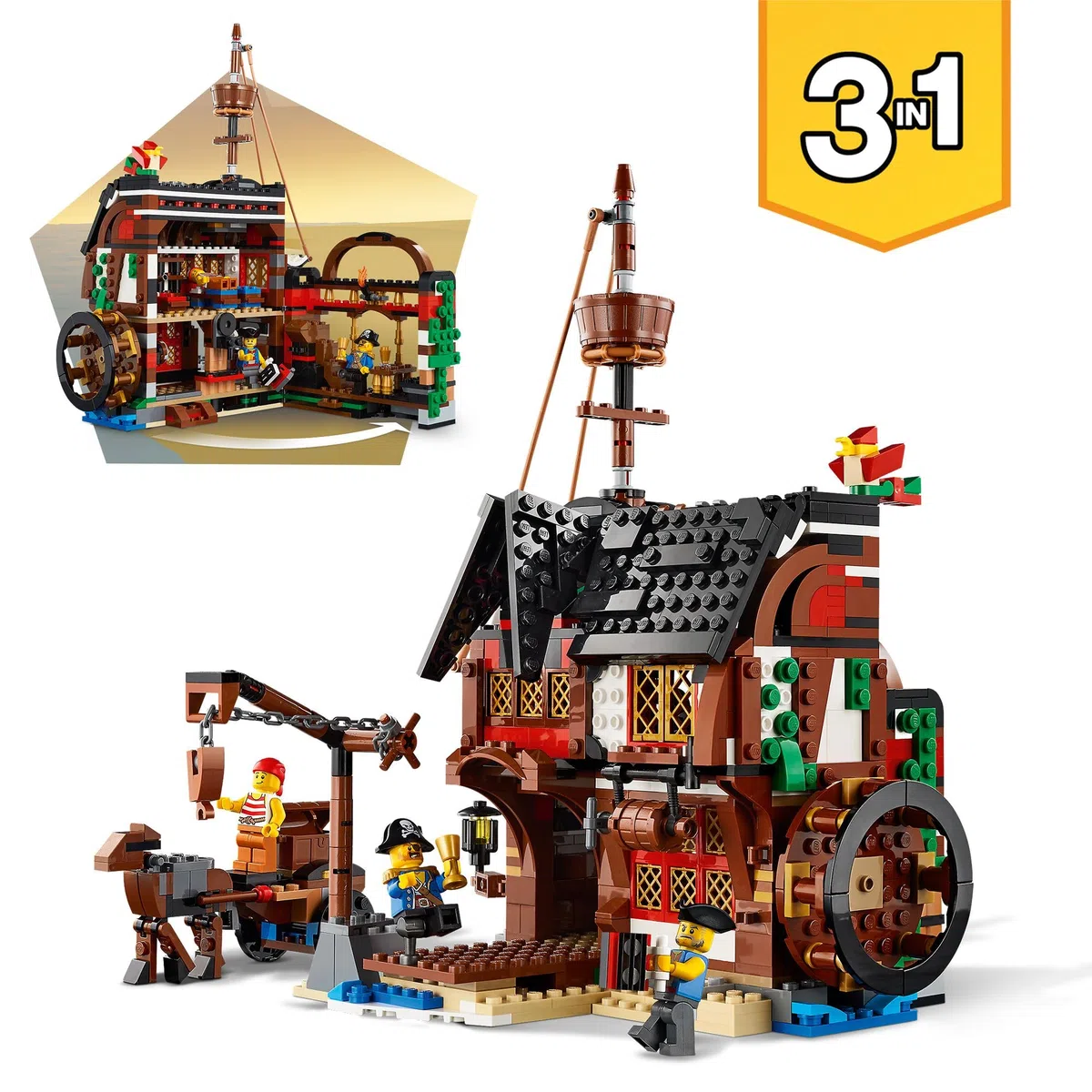 LEGO 31109 Creator Bateau Pirate 3en1: Jouet de Construction d'Aventure, Éducatif et Créatif, Transformable en Auberge & Île au Crâne, pour Enfants de 9 Ans et Plus