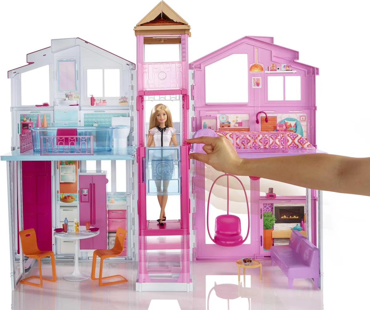 Barbie Mobilier Grande Maison de poupée de Luxe à 2 étages et 4 pièces Dont Cuisine, Chambre, Salle de Bain et Accessoires, Jouet pour Enfant, DLY32 | Ascenseur, balançoire, meubles et accessoires, pliable pour la portabilité et les voyages (exclusivité A