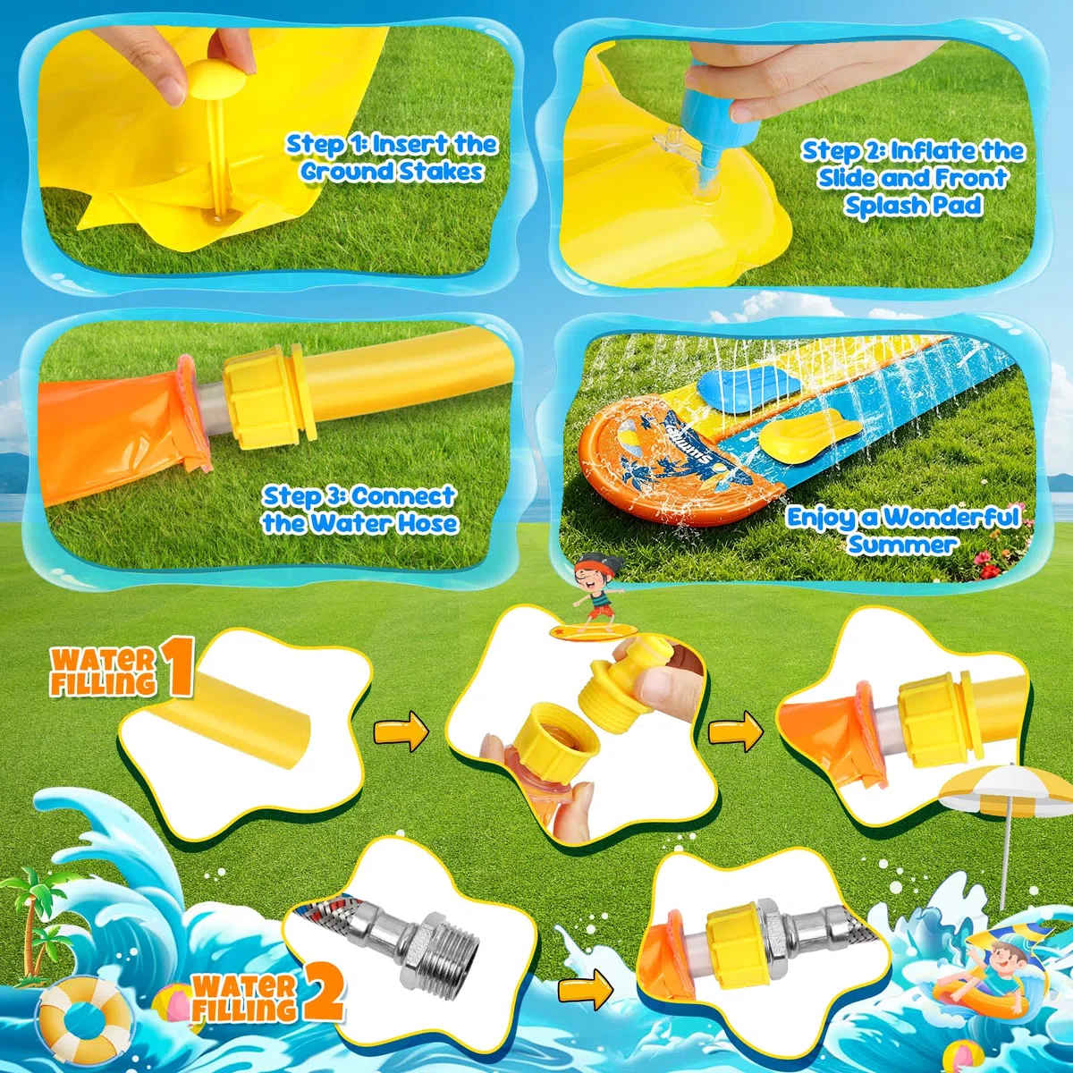 JONRRYIN 950cm Toboggan Aquatique, 155cm Toboggan de pelouse avec Arroseur Doubletoboggan à Eau avec 2 Planches Gonflables pour Pelouse et Jeux d'eau en Extérieur