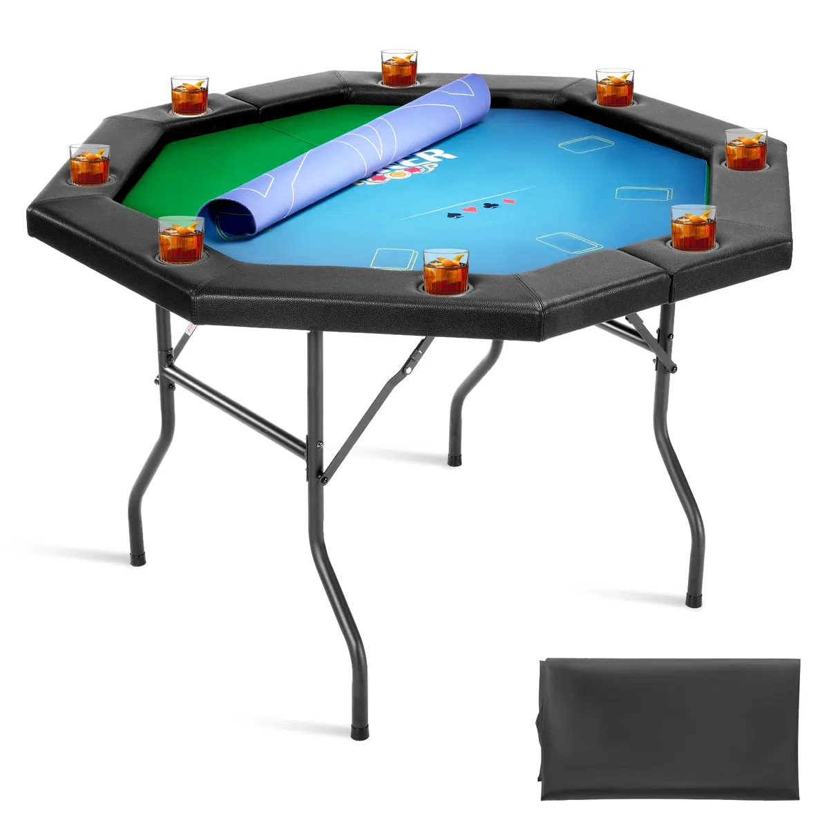 VEVOR Table de Poker Pliable 132,5 cm pour 8 Joueurs, Table de Casino Octogonale pour Blackjack et Texas Holdem, avec Rails Rembourrés et Porte-Gobelets, pour Jeu de Cartes Jeu de Société, Maison