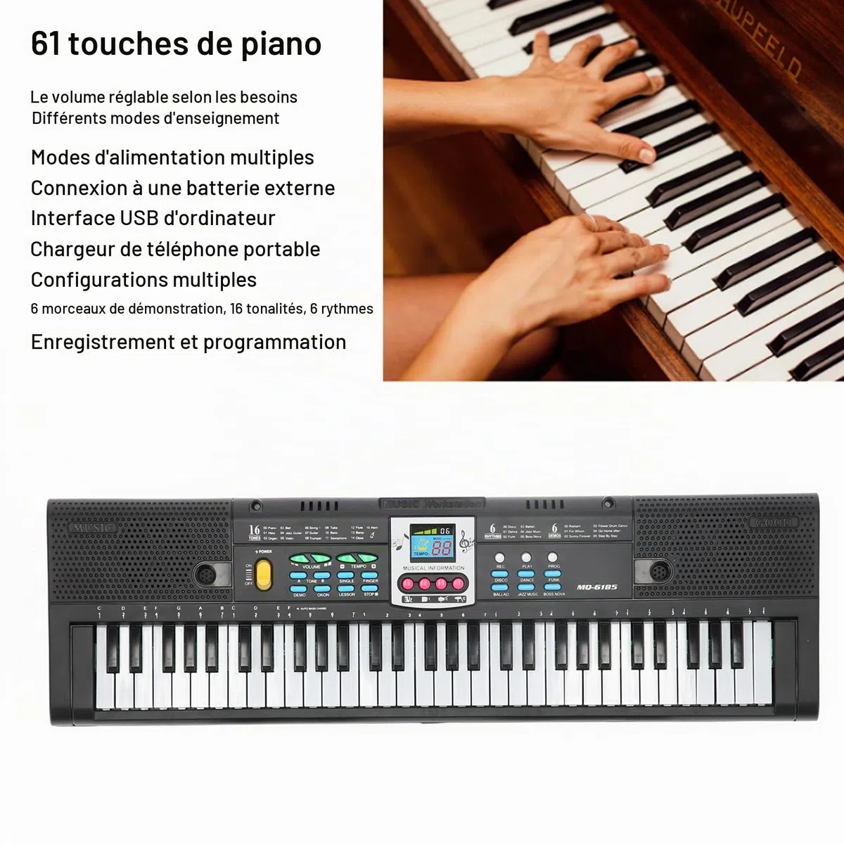 Piano électrique 61 Touches pour les Débutants avec des Caractéristiques Microphones et Polyvalentes