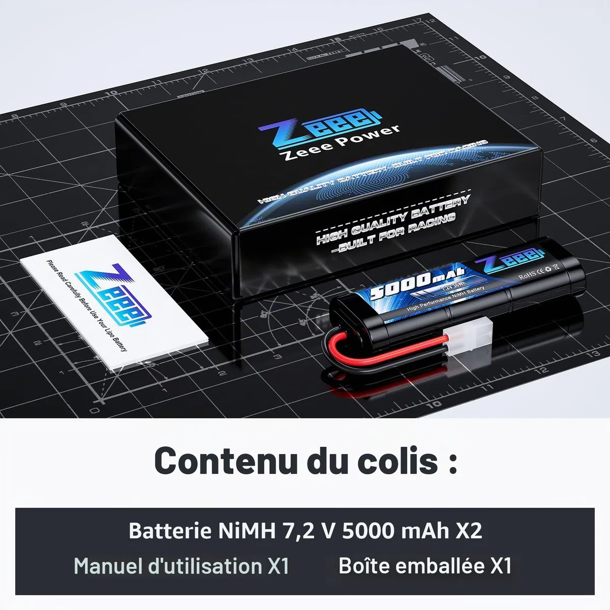 Zeee 7,2V 5000mAh RC NiMH Batterie avec Prise Tamiya pour Voiture RC Camion HPI Losi Kyosho Tamiya Hobby (2 Paquets)