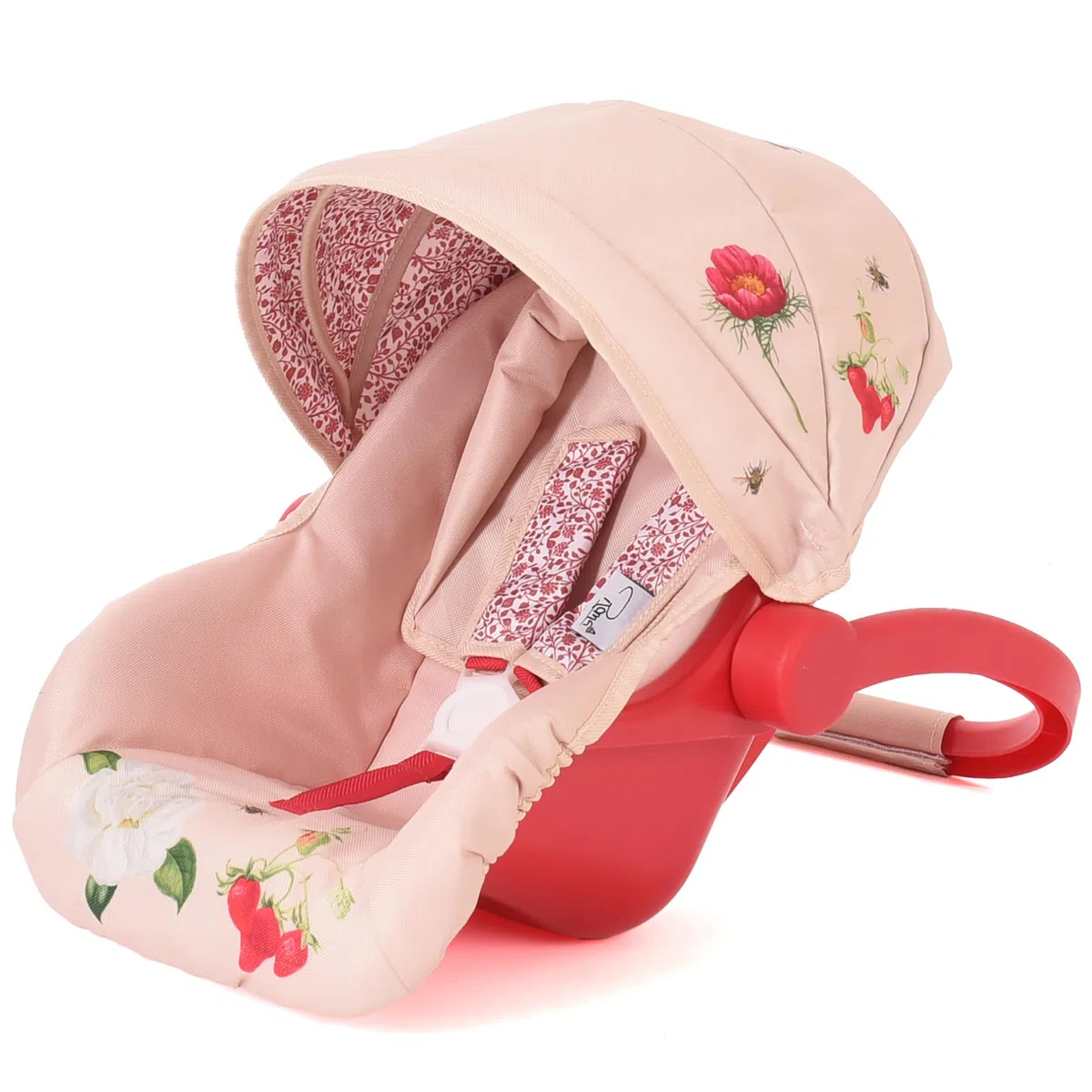 Siège Auto pour poupée Roms RHS Flora, Rouge Framboise et crème, Convient aux poupées jusqu'à 45 cm, rembourré avec imprimé Floral, Capote rétractable, Cadeau de Noël, à partir de 3 Ans