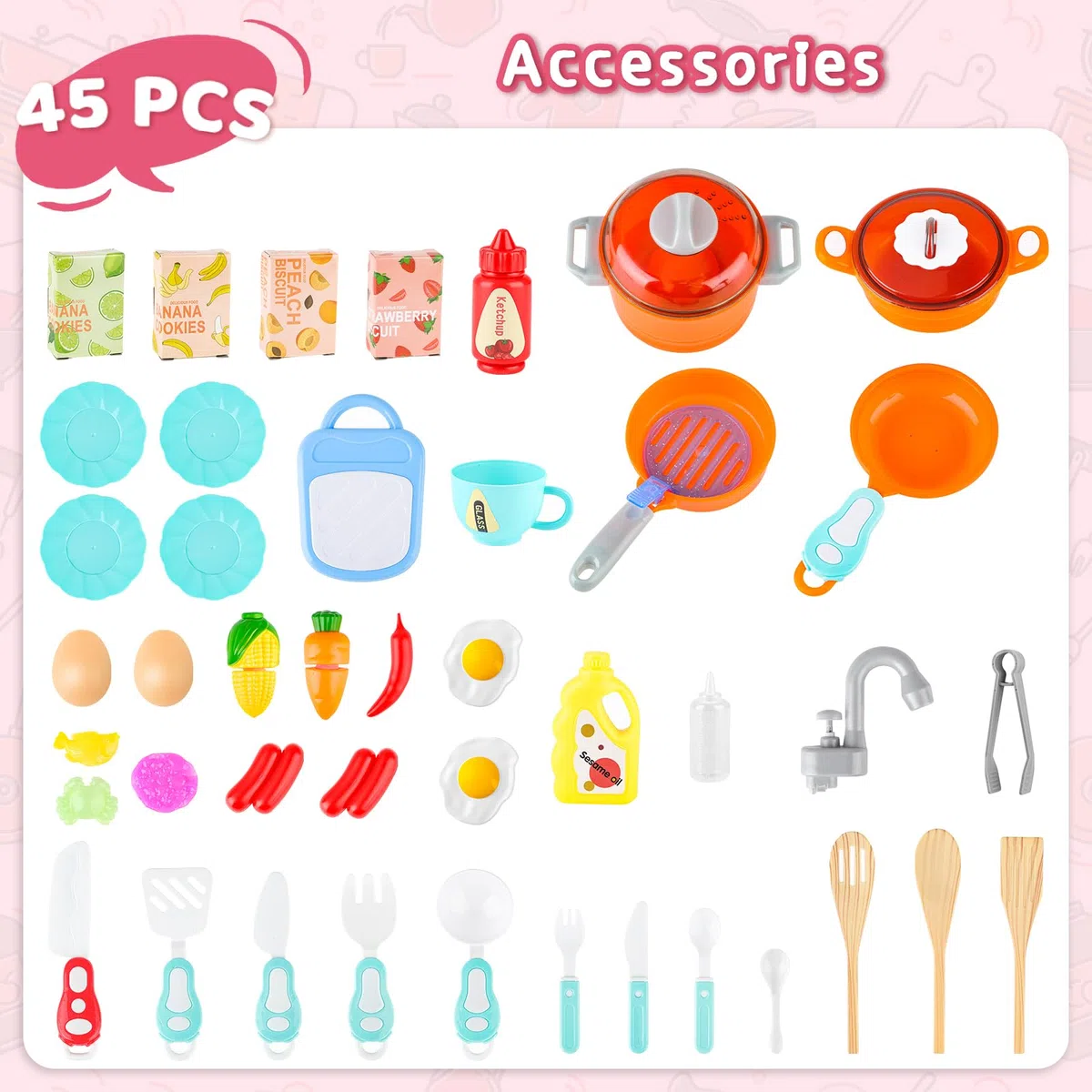 deAO Kit Cuisine pour Enfants,avec Ustensiles De Cuisine,Lumière,Son,Eau,Vapeur D’Eau Imitant La Cuisson,Cuisine Enfant 2 Ans,Taille 78x28x70CM