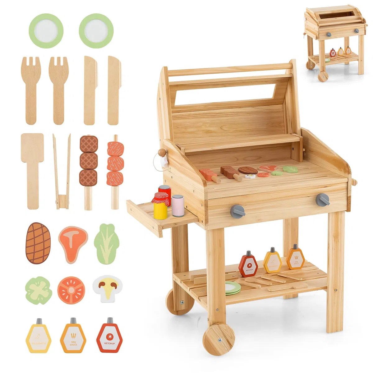 HOMASIS Cuisine de jouet d'extérieur pour barbecue avec ustensiles de barbecue et pots d'épices, ensemble d'imitation de cuisine pour enfants de 3 ans et plus, 53 x 36 x 63 cm, naturel