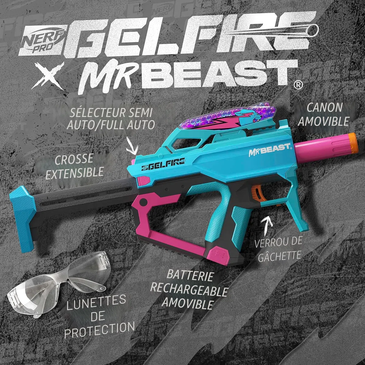 Nerf Pro Gelfire X MrBeast Blaster, 1600 Gelfire Rounds, 300 Round Hopper, Batterie Rechargeable, Lunettes