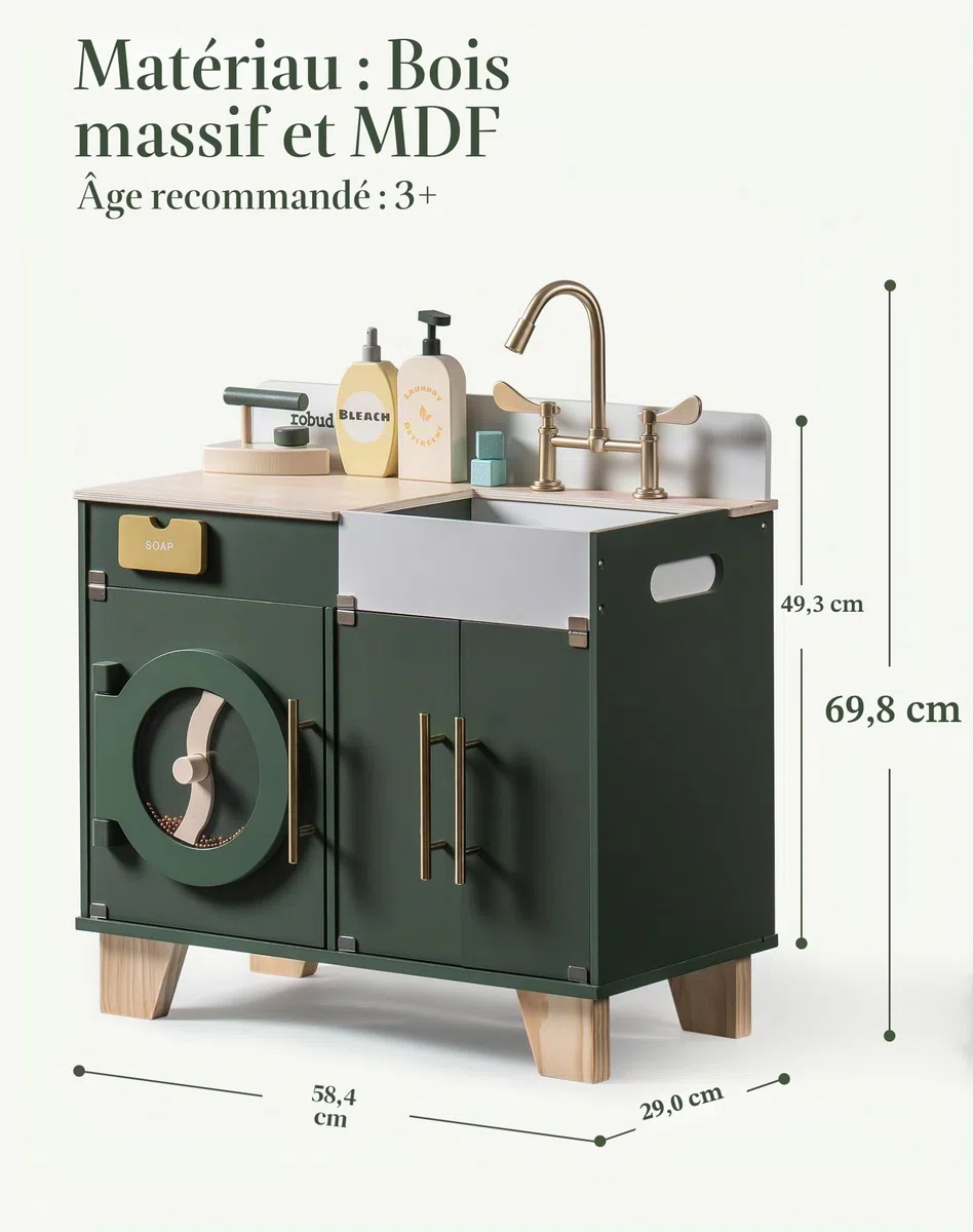 Robud Cuisine Enfant en Bois Accessoires - Machine a Laver Enfant Jouet - De Cuisine pour Enfants - Jeu De Rôle en Bois - avec Accessoires - Cadeau pour Enfants