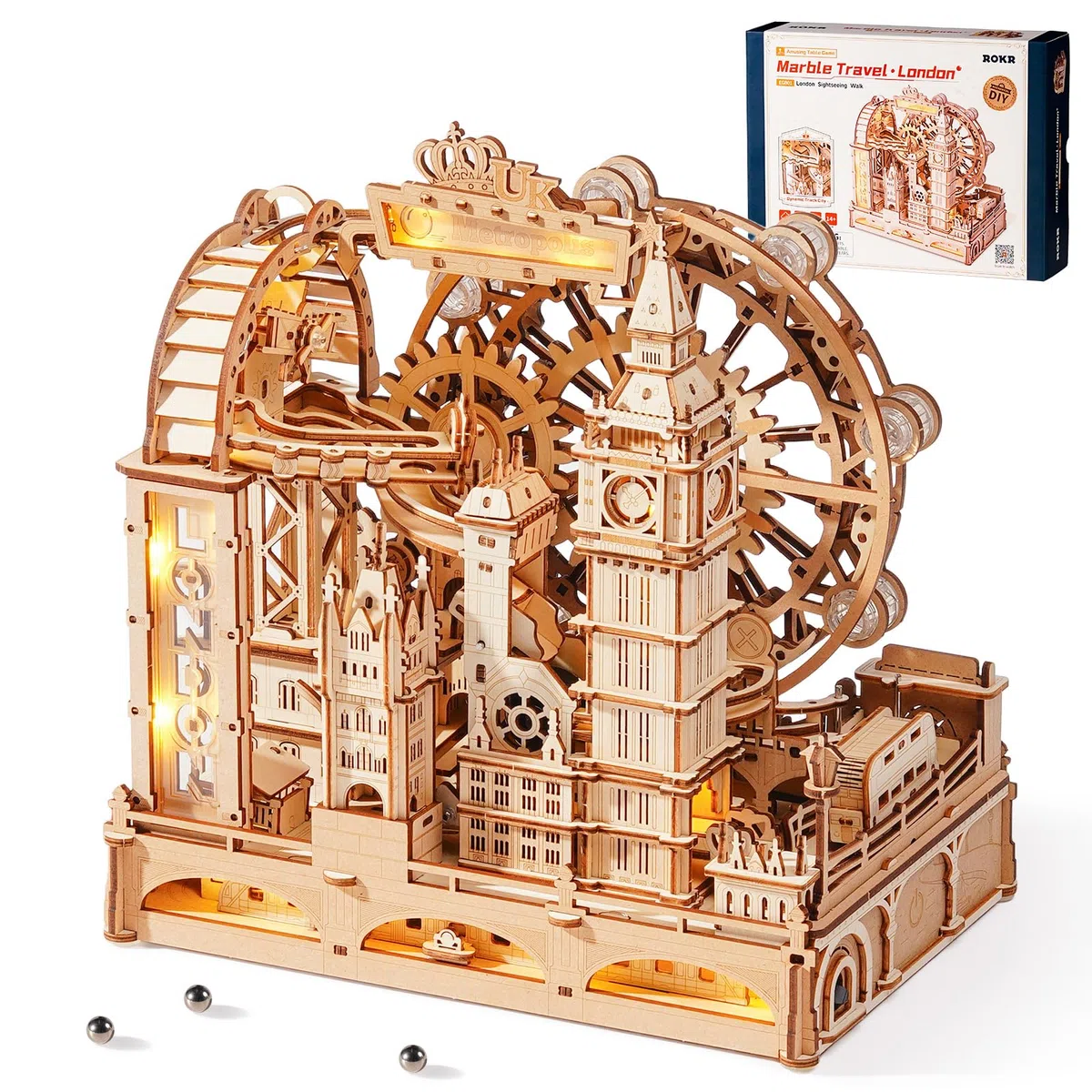 ROKR Marble Travel London – Puzzle Circuit à Billes 3D en Bois, Kit STEM pour Adolescents & Adultes, Maquette Interactive des Monuments de Londres avec Affichage Lumineux