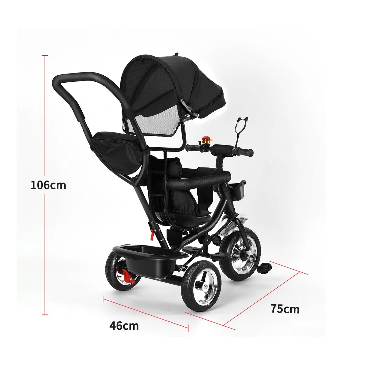 HUOLE Tricycle Enfant Évolutif 4 en 1, Tricycle Bébé Évolutif avec Siège Réversible, Poignée de Poussée Réglable, Canne, Cloche, Rétroviseurs, Harnais de Sécurité pour Enfants 9 Mois à 5 Ans (Noir)