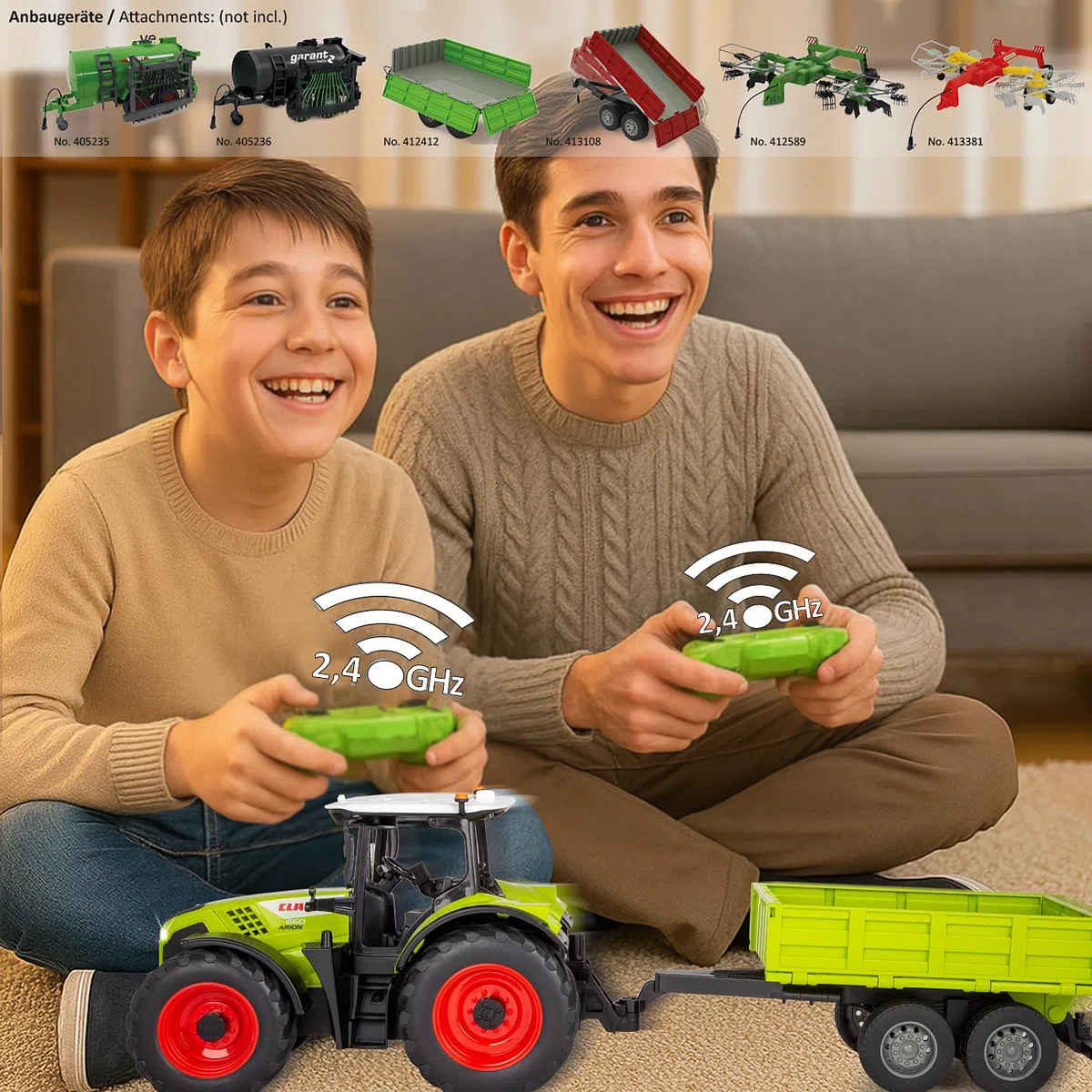 JAMARA Claas Arion 660 405360 avec remorque à Bascule 1:24 2,4 GHz – Jouet Tracteur télécommandé, véhicule pour Enfants, modèle agricole, Cadeau pour Enfants, lumière, attelage de remorque