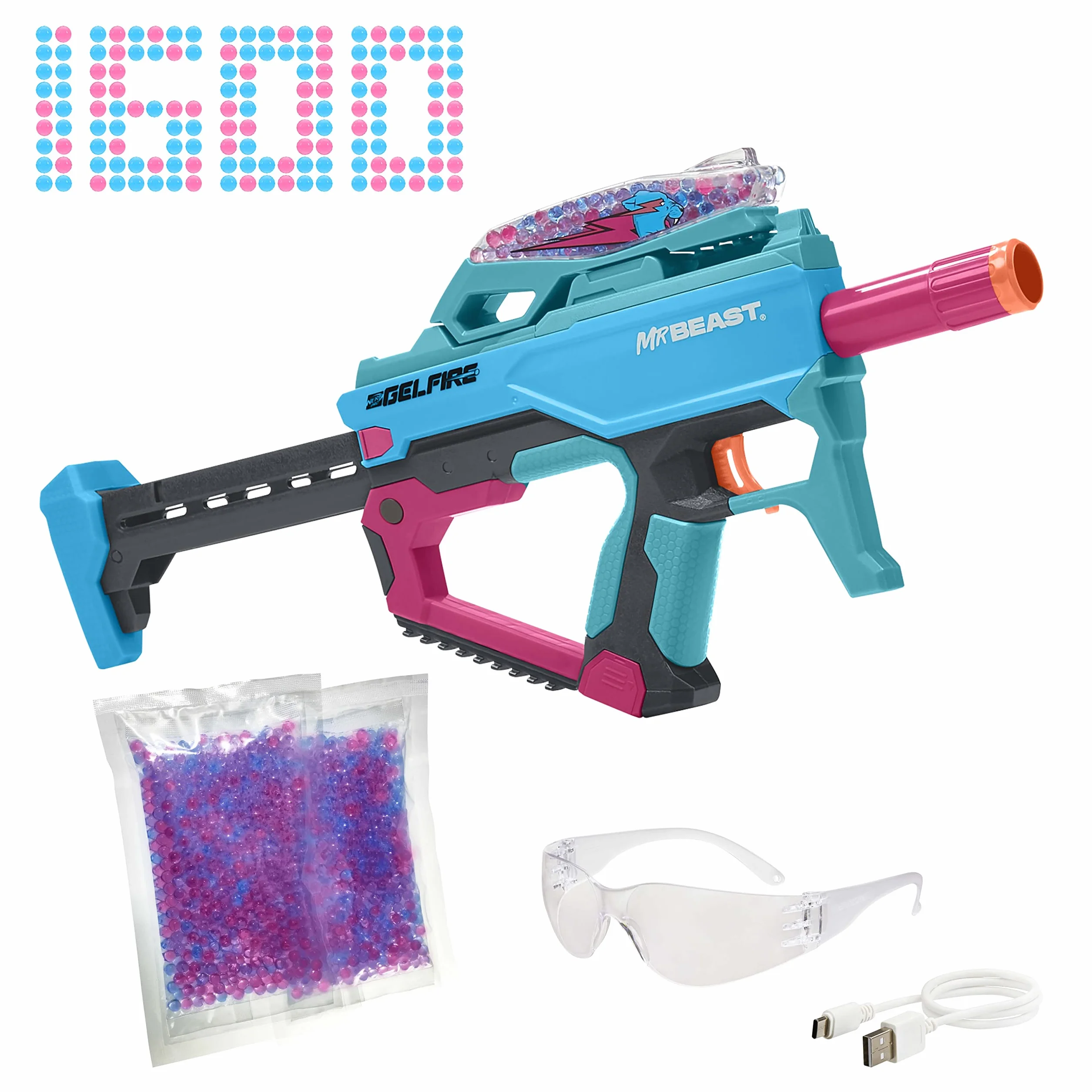 Nerf Pro Gelfire X MrBeast Blaster, 1600 Gelfire Rounds, 300 Round Hopper, Batterie Rechargeable, Lunettes