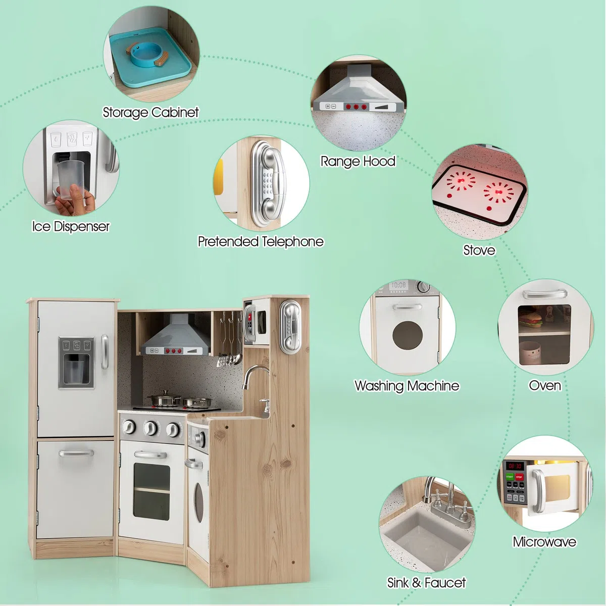 DREAMADE Cuisine Enfant de 3+ Ans, avec Micro-Ondes, Cuisinière, Téléphone, Cuisine en Bois avec 5 Accessoires, Équipé Sonore et Lumineuse, (Blanc + Naturel)