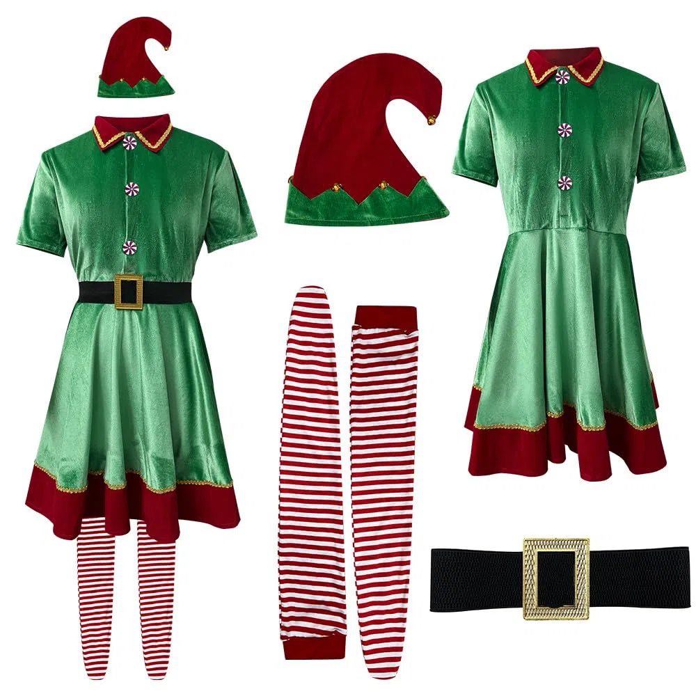 Generisch Costume de Père Noël pour fille : robe, bonnet, chaussettes plus - parfait pour le cosplay, les fêtes de famille.